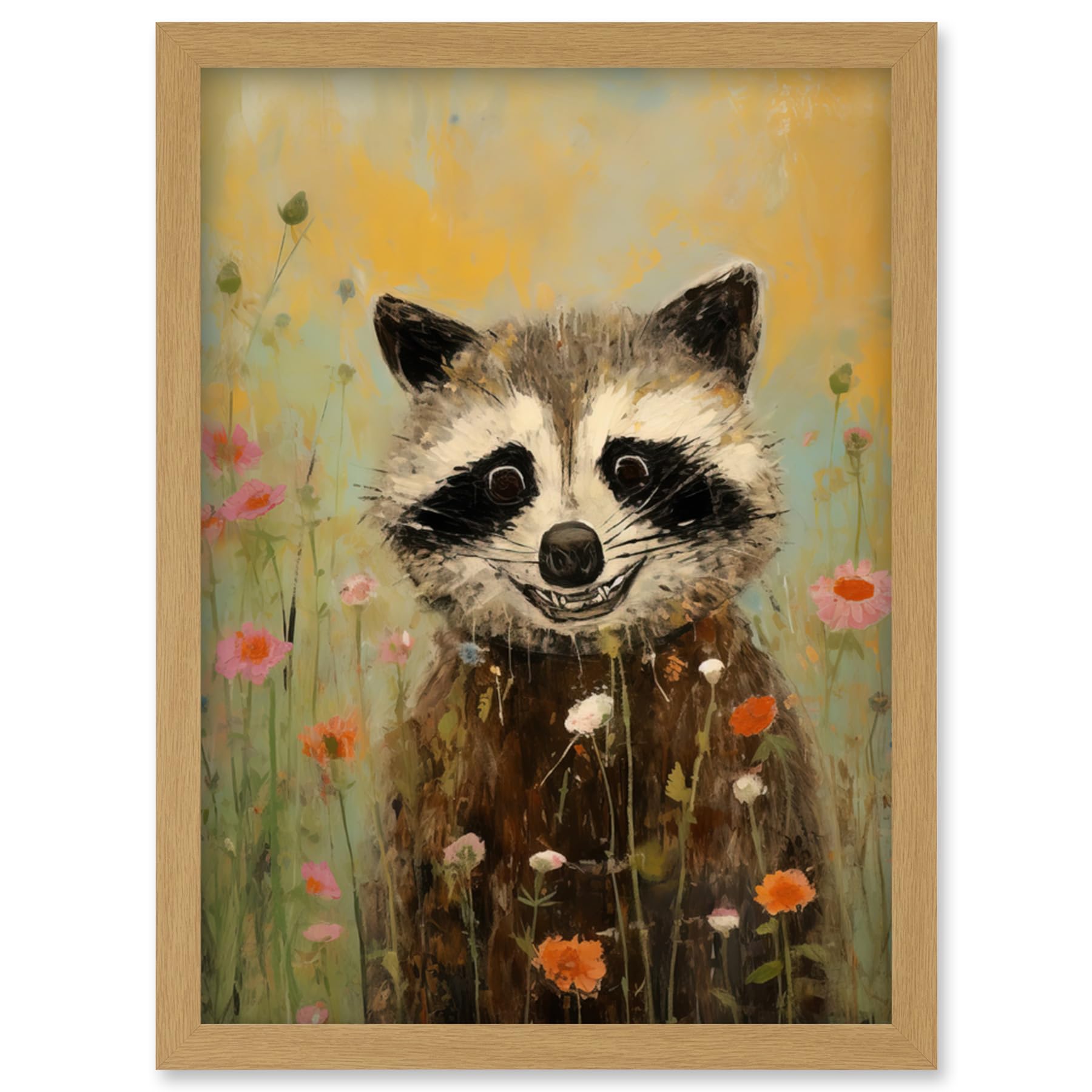 Artery8 Gleeful Raccoon Picking Flowers Oil Painting Red White Blooms Spring Meadow Landscape Kids Bedroom Artwork Framed Wall Art Print A4