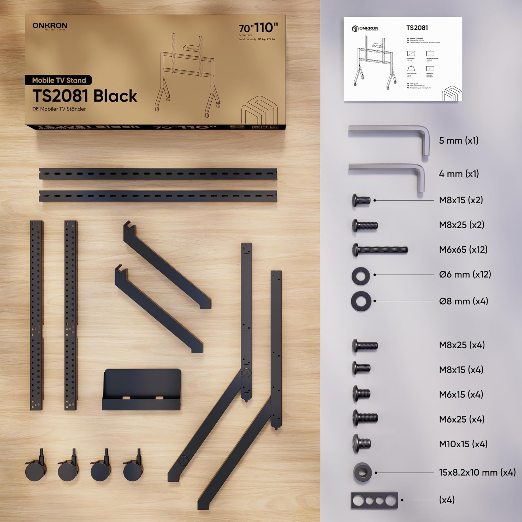 ONKRON Soporte TV Ruedas 70-110 Pulgadas, hasta 120,5 kg, VESA 200x200-1000x800 mm, Soporte TV Pie Móvil con Estante, Carro para Televisión o Pizarra Digital, Profesional, Universal, Negro TS2081-B