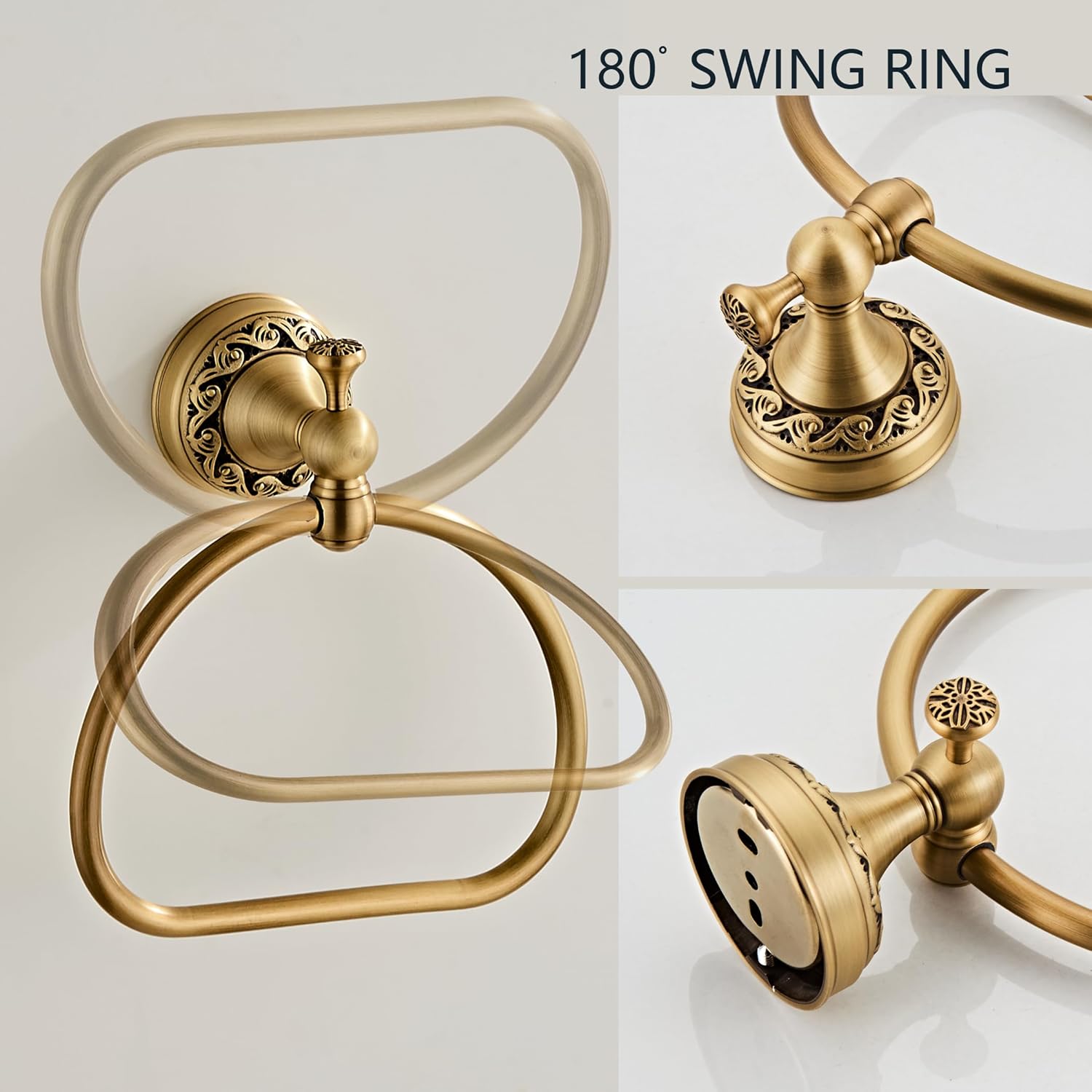 (4-Pack) Antique Brass Towel Bar Set, Adjustable Bathroom Towel Rack Include Expandable, Toilet Paper Holder, Holder Towel Ring, Towel Hook|Robe Hook Retro Carved Style Hardware