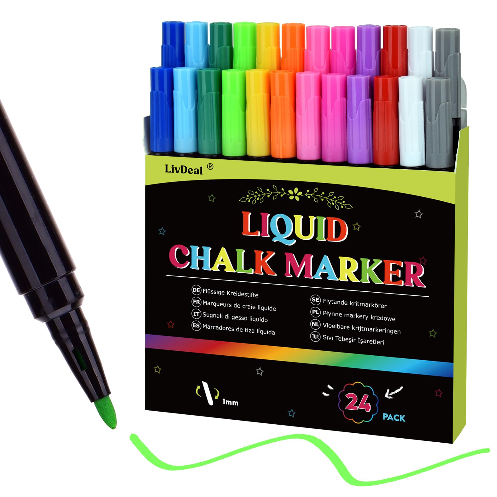 24 x Chalk Markers,Liquid Chalk Markers, Chalkboard Markers for Acrylic Fridge Calendar Board,Window, Mirror,Glass,12 Vibrant Colors, 1mm Fine Points