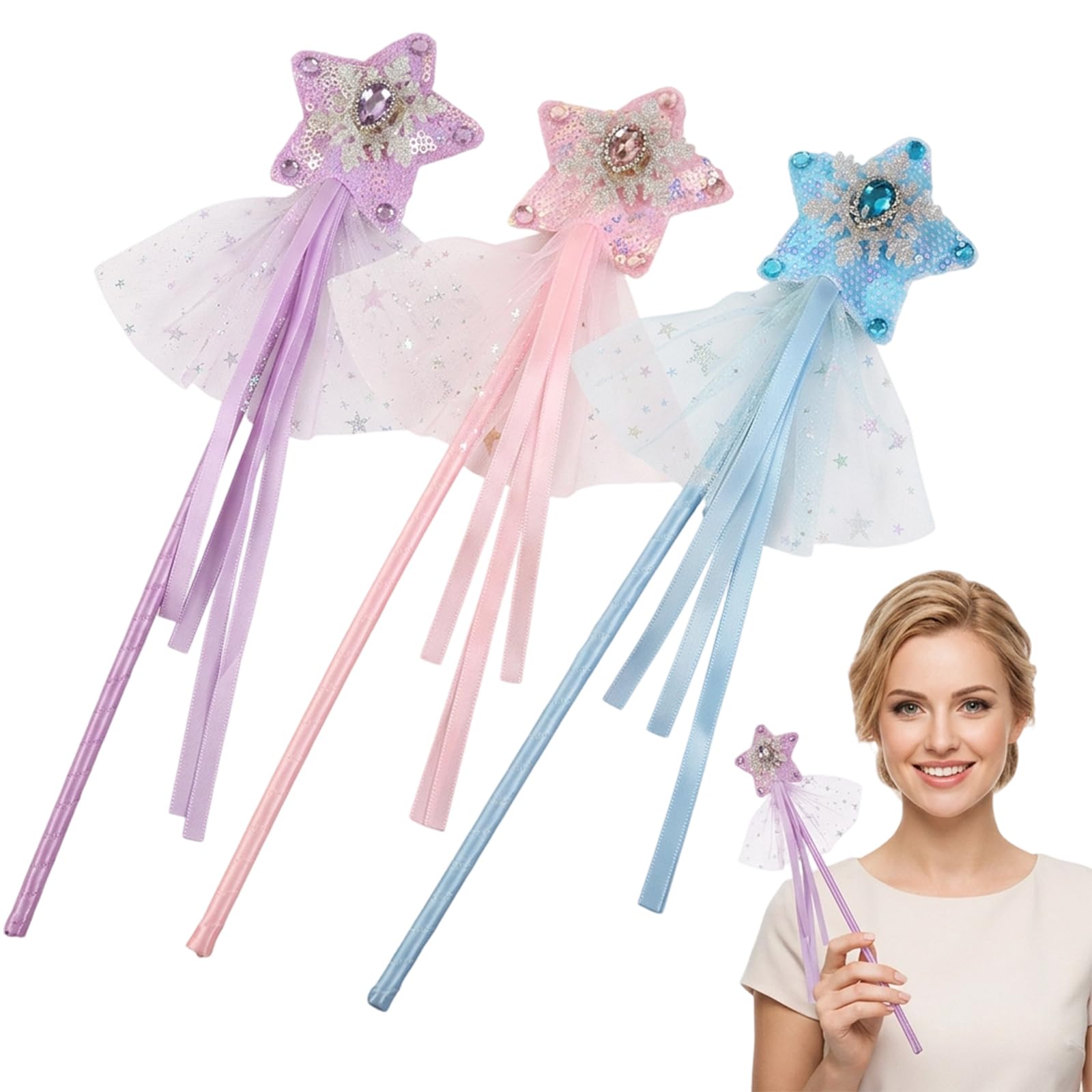 3 PCS Fairy Wand, Princess Wand and Flower Girl Wand Set, Sparkle Star Magic Wands with Diamond Accents for Birthday Party Supplies, Fairy Princess Role Play Costume Accessories