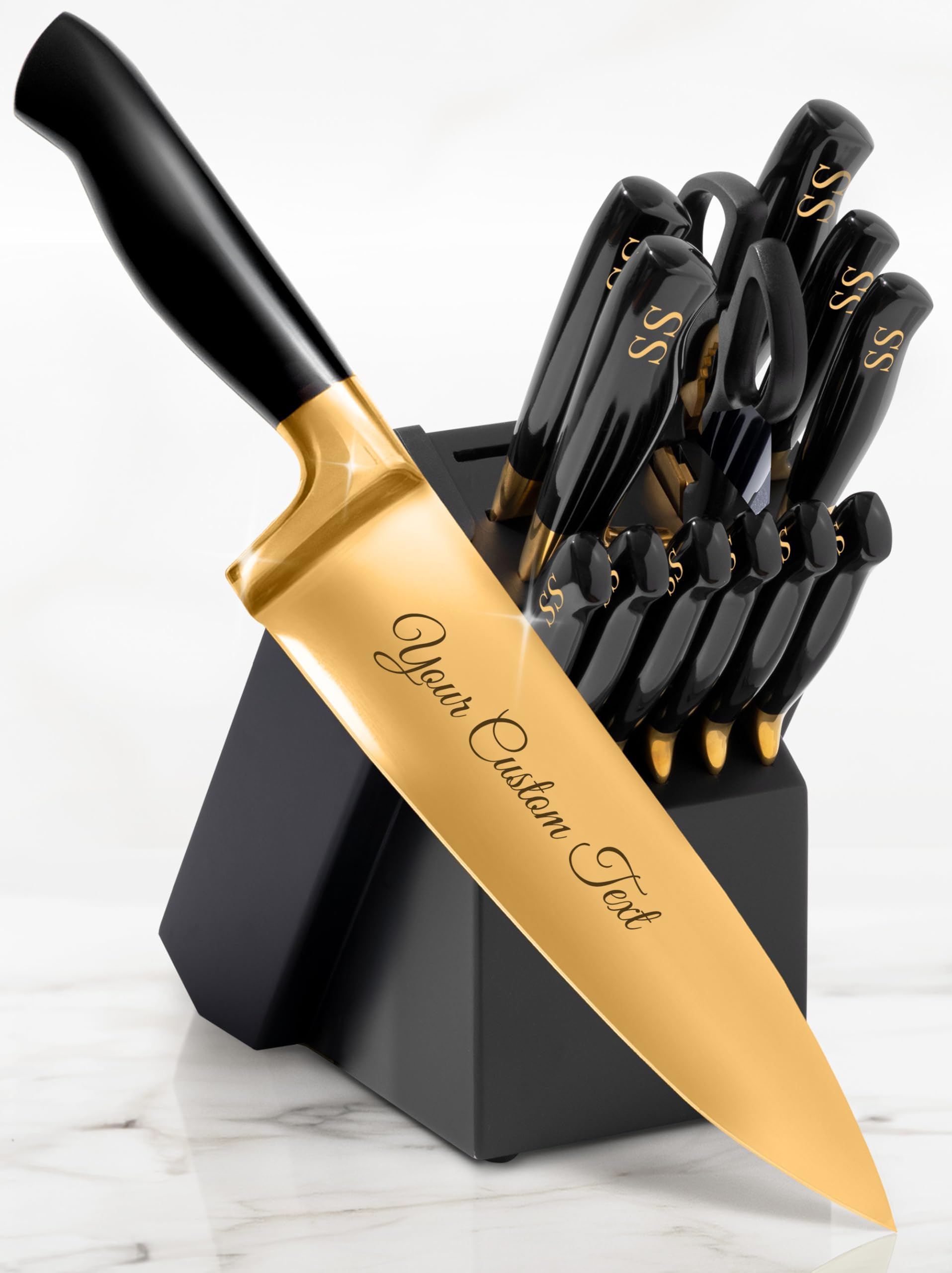 STYLED SETTINGS Personalized Black and Gold Knife Set