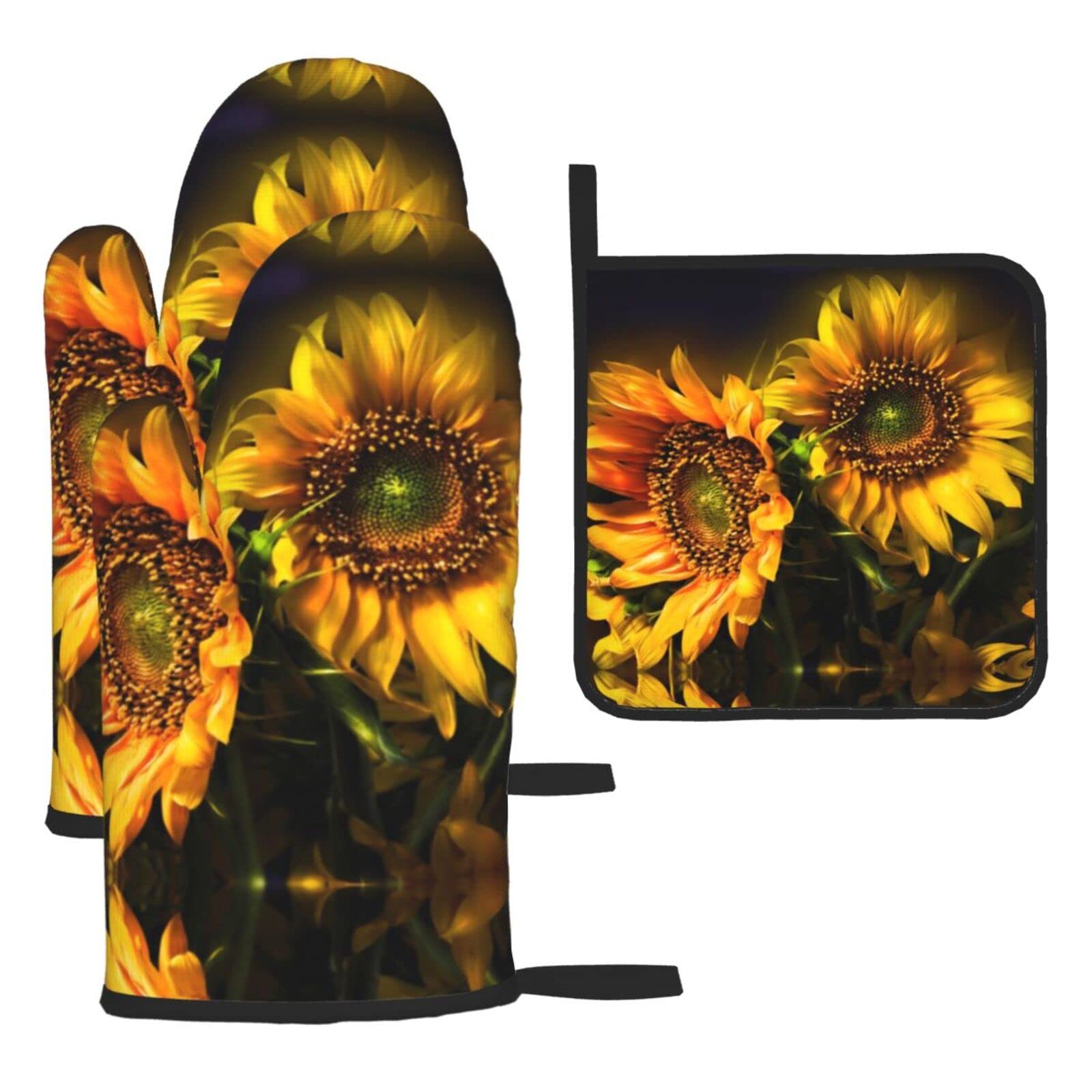 Sunflowers Painting Oven Mitts and Pot Holder Kitchen Set for Grilling, Cooking, Baking, Heat Resistant