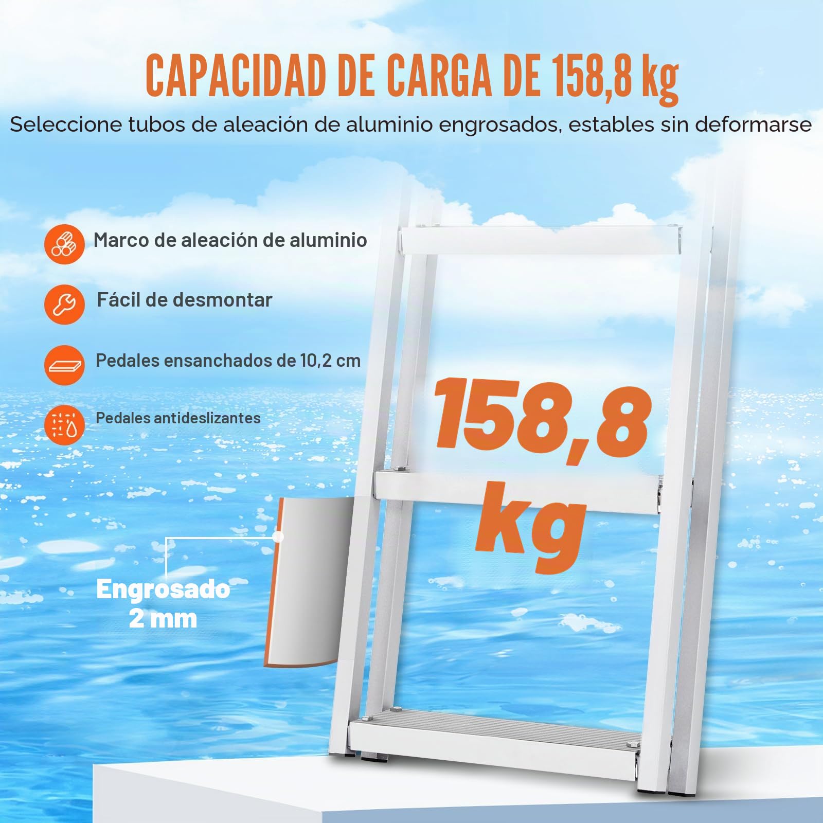 VEVOR Escalera de Muelle, 4 Escalones Extraíbles, Escalera de Pontón de Aleación de Aluminio con Escalón Pedales Antideslizantes Fácil de Instalar para Barco, Lago, Piscina, Embarque Marino