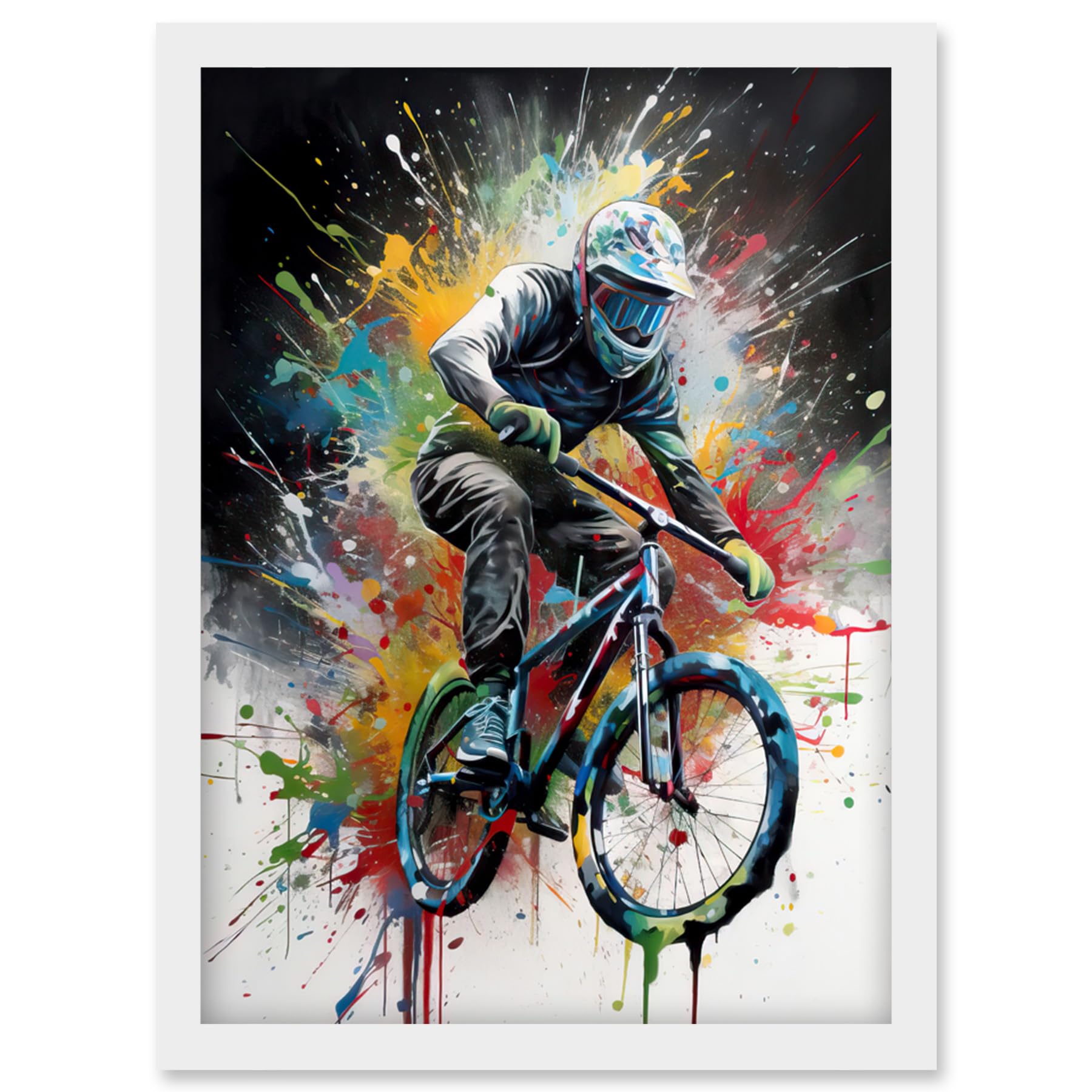 Artery8 Mountain Biking Extreme Sport Paint Splat Portrait Artwork Framed Wall Art Print A4