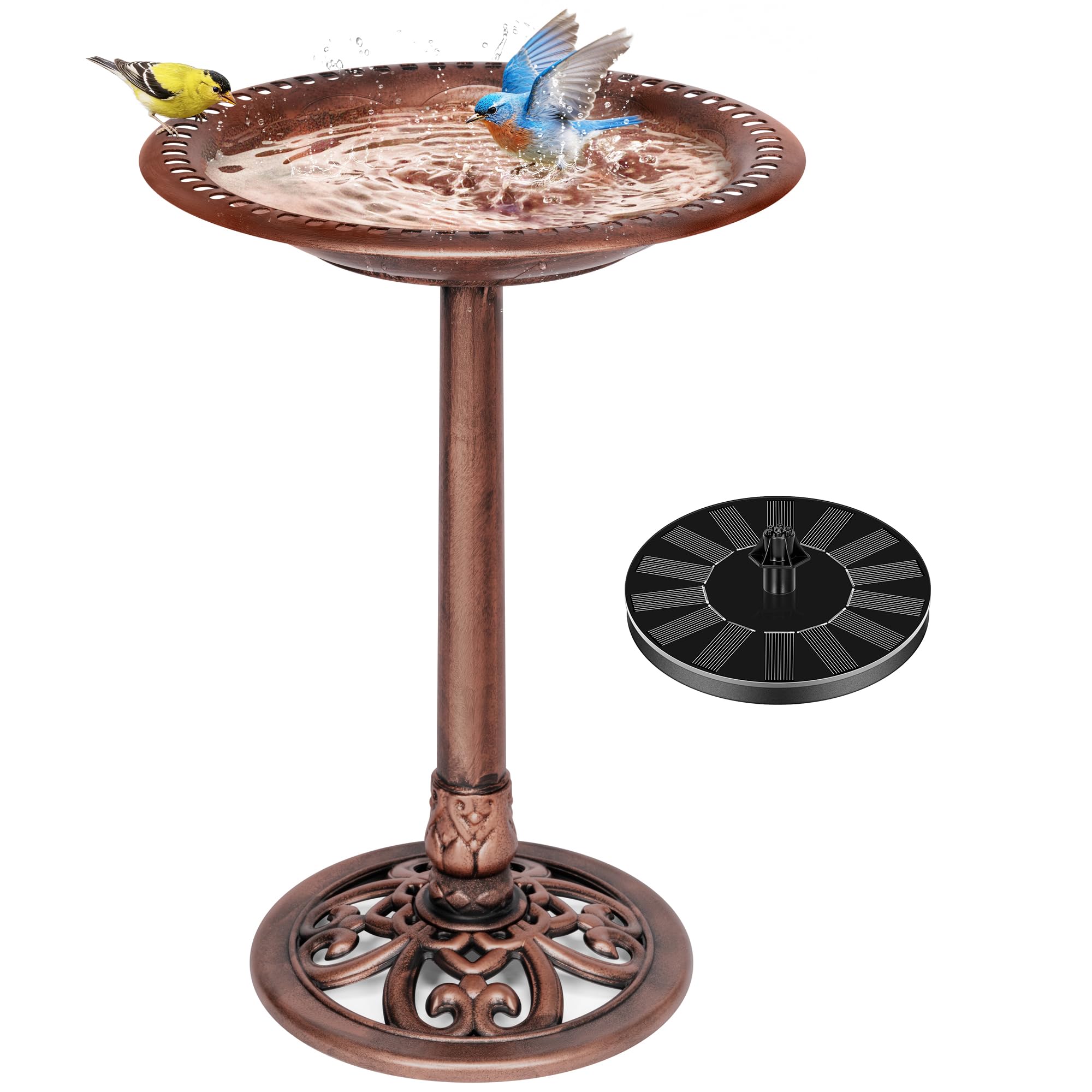VIVOHOME Polyresin Antik Outdoor Bronze Garten Vogeltränke und solarbetriebene runde Teichbrunnen Kombi-Set | Solarpumpe aus wetterbeständigem Polyresin, 50,8 cm Schale, für Outdoor/Garten, Vogelfreundlich, leicht zu reinigen