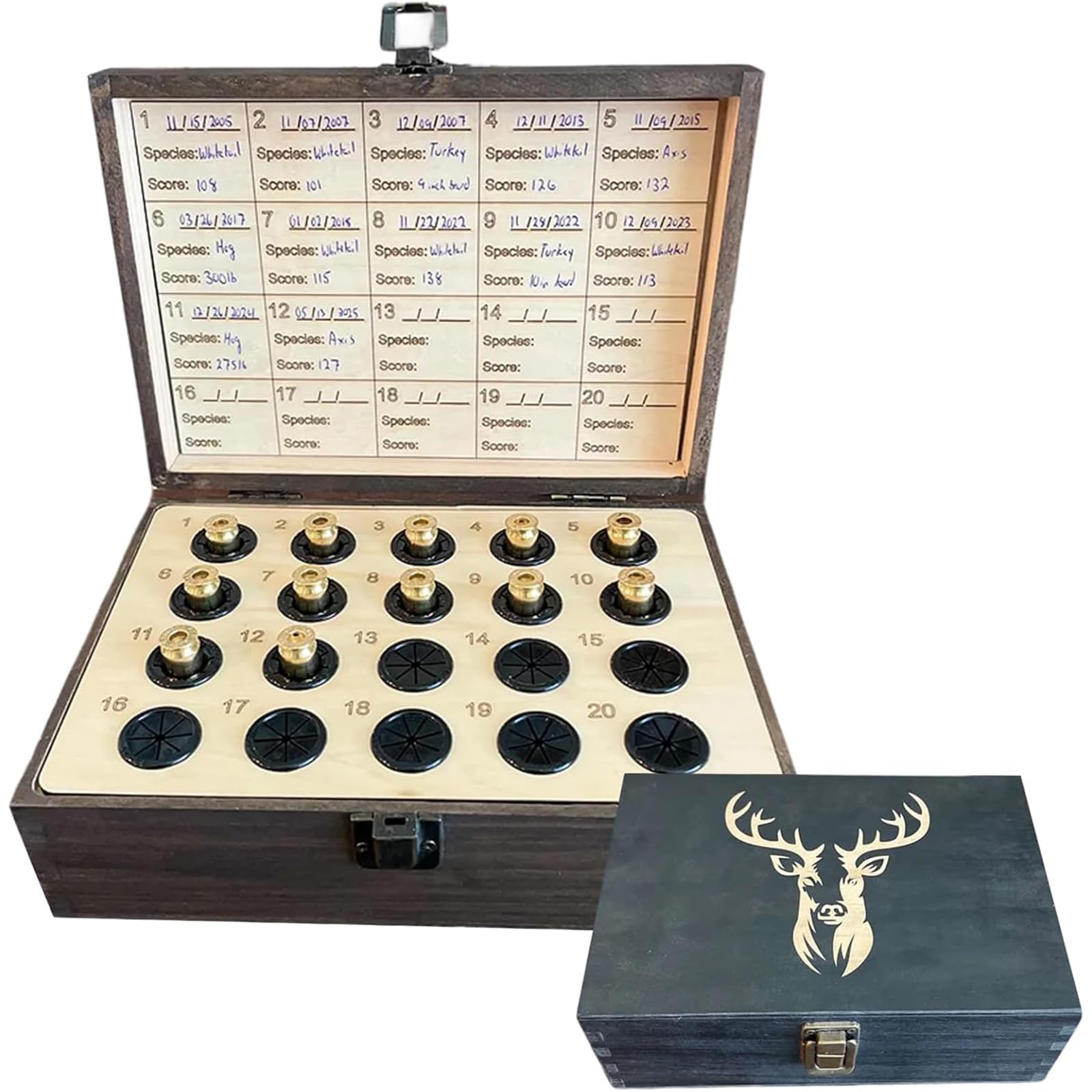 The Hunter's Legacy Memory Box, Hunting Keepsake Wooden Box with Shell Slots, Notes Chart and Hidden Layer for Casings, Tags & Photos, Hunting Memorabilia Storage Boxes, for Dad Husband (GRAY) — view 9