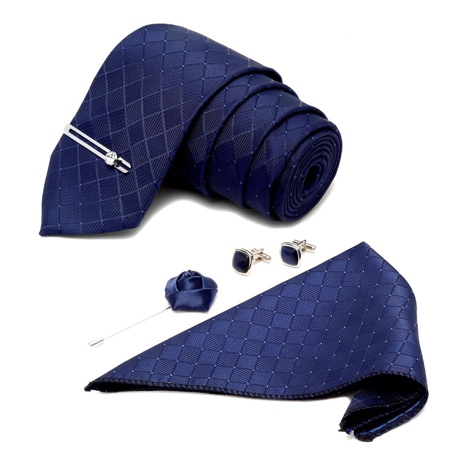Mens Marine Blue Italian Silk Necktie Set Incl Pocket Square Cufflinks Chrome Tiepin Brooch American Style Formal Tie Gift Set for Men (BU037CP)