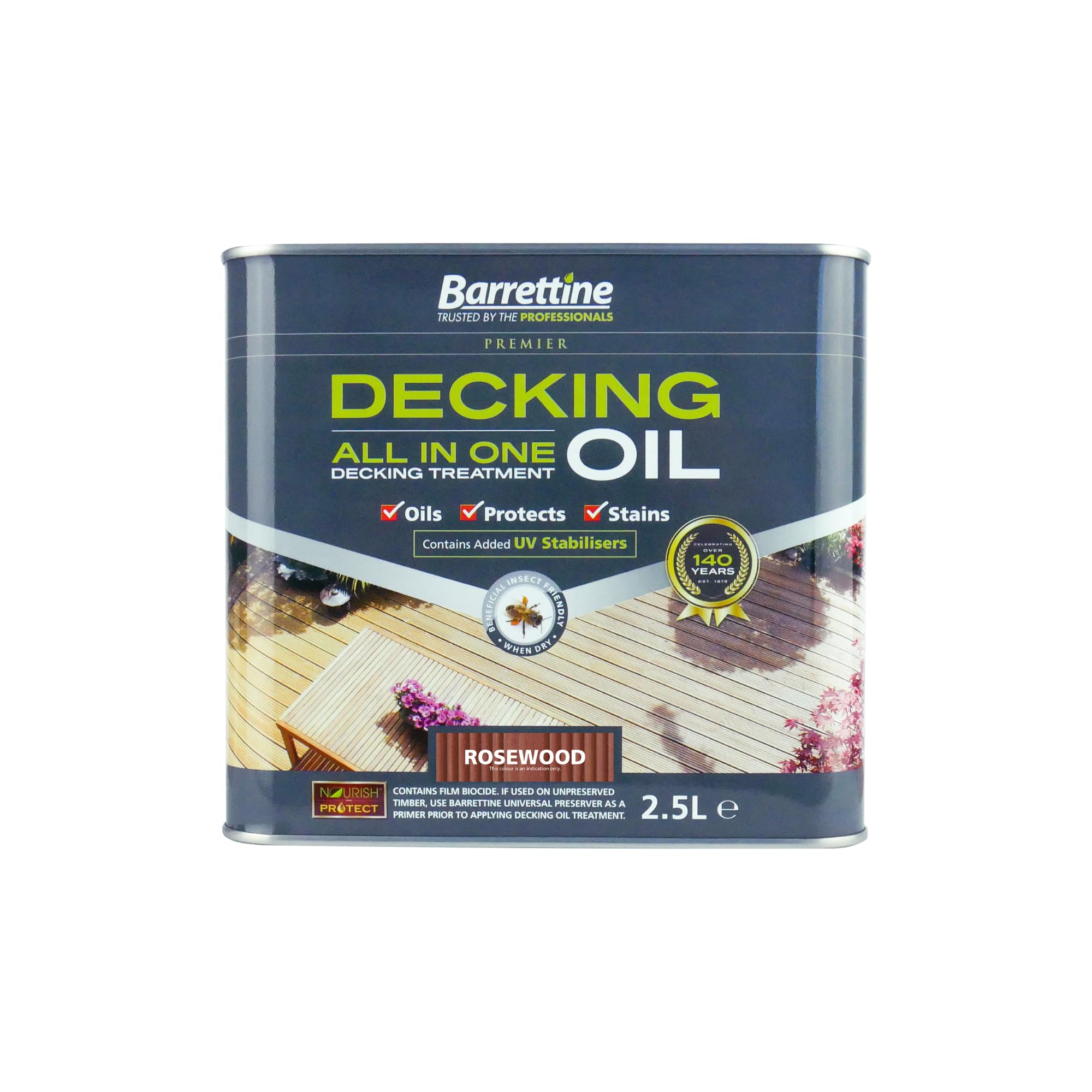 Barrettine Decking Oil (Rosewood, 2.5L) - UV & Fade Resistant All-in-One Outdoor Decking Treatment, Water Repellent Deck Oil for Exterior Timber & Structures