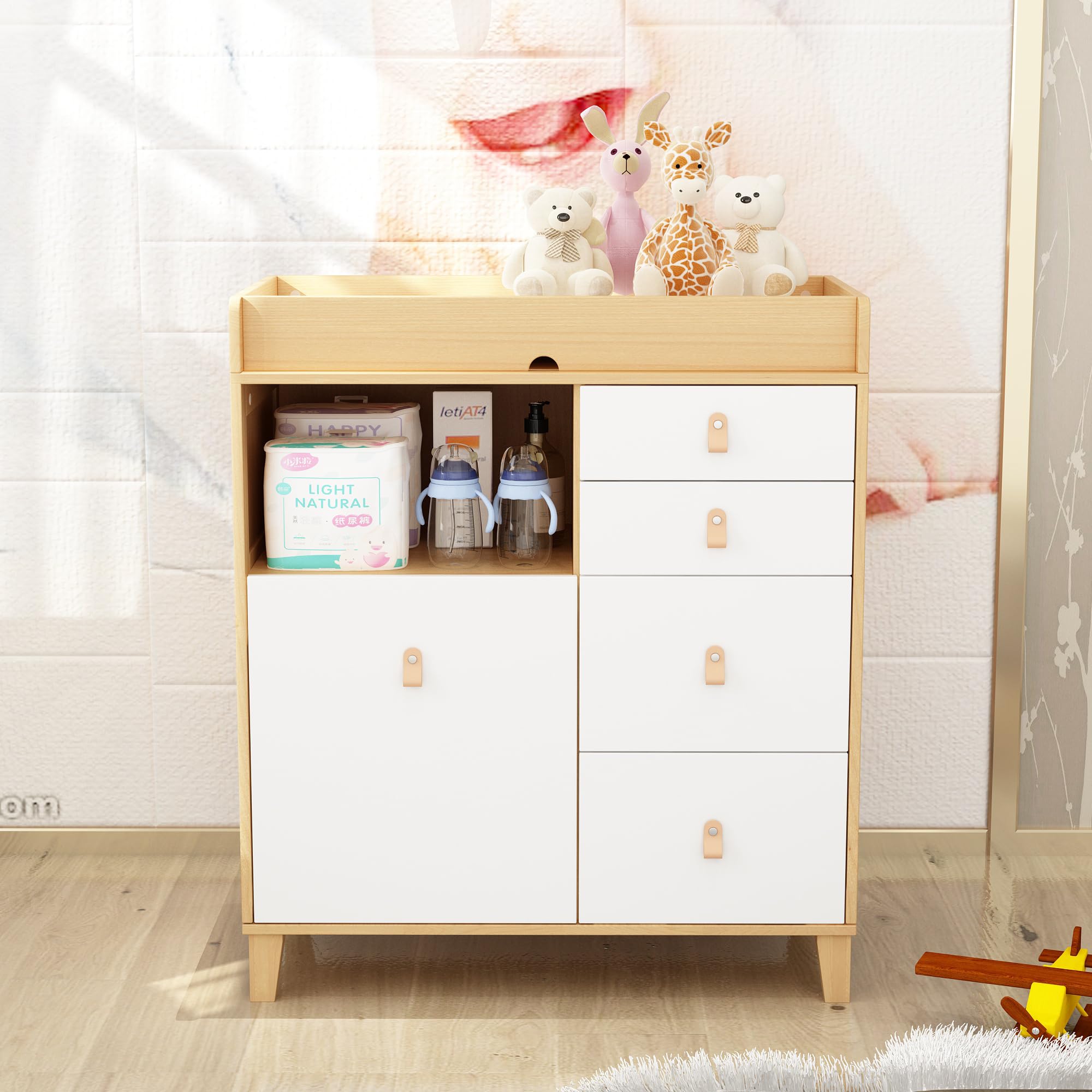 Cambiador con 5 cajones y barandilla protectora, estantería para cambiar pañales con espacio de almacenamiento abierto, 85 cm x 46 cm x 98 cm, MDF, color blanco y madera