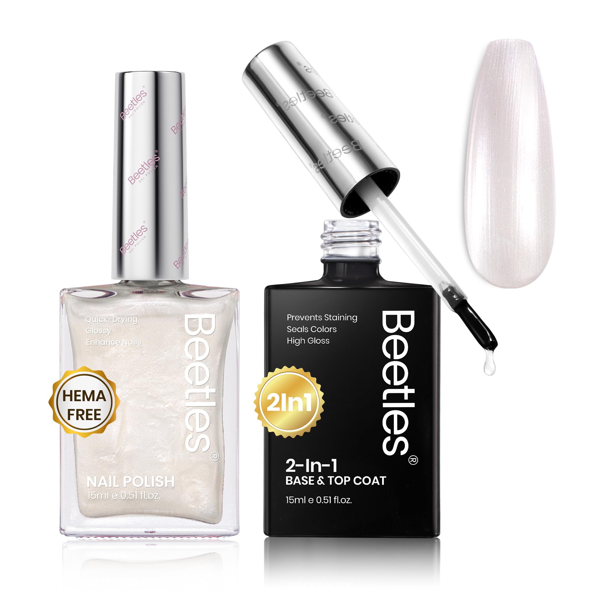 Beetles Pearl White Nail Polish and 2 in 1 Base & Top Coat Set, Fast Drying & Natural Nail Strengthen, Nail Lacquer Shimmer-Like Pearlescent Sheen, No