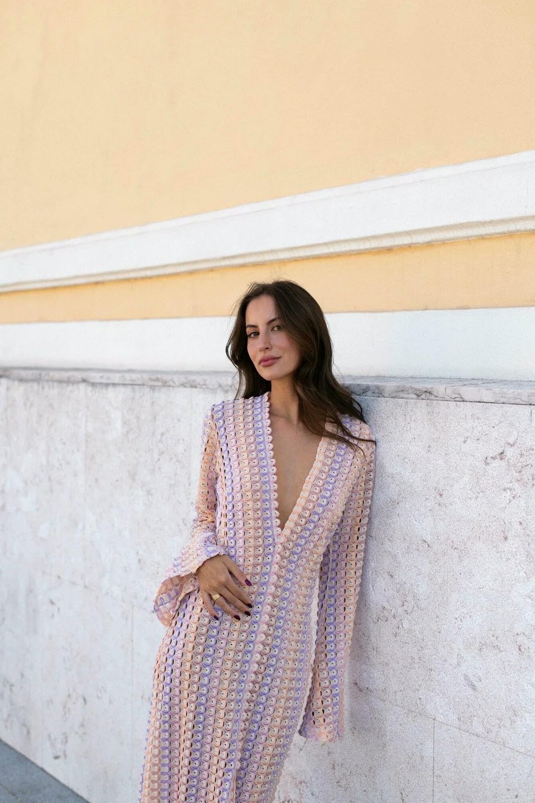 Vestiti a Maniche Lunghe Abito Strisce Colorate da Donna, Diviso con Manicotto V-Collo V, Lungo in Pizzo Sexy, Nuova Spiaggia E Abbigliamento per Banchetti, Vestidos Eleganti