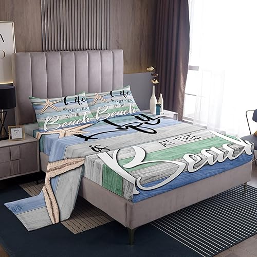 Erosebridal Juego de sábanas con temática de playa, lindas sábanas tamaño Queen con diseño de estrellas de mar y océano, sábana bajera ajustable
