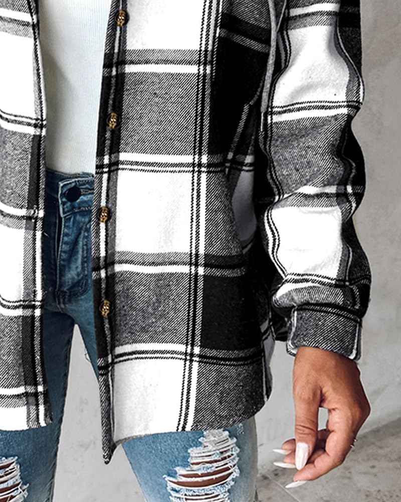 CHICME Womens Lightweight Casual Jacket Plaid Long Sleeve Shacket Fleece Lined Hooded Jackets Warm Coat - Image 6