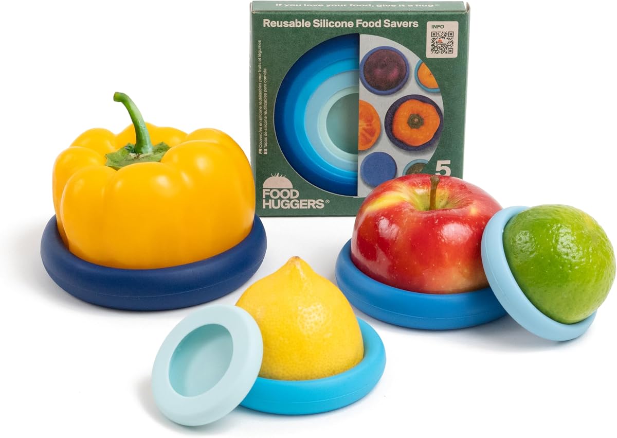 Food Huggers 5 protectores de alimentos de silicona reutilizables | Sin BPA | Almacenamiento de alimentos sin plástico | Apto para lavavajillas | Almacenamiento de frutas y verduras para cebolla, tomate, limón, plátano y latas | Redondo, azul hielo