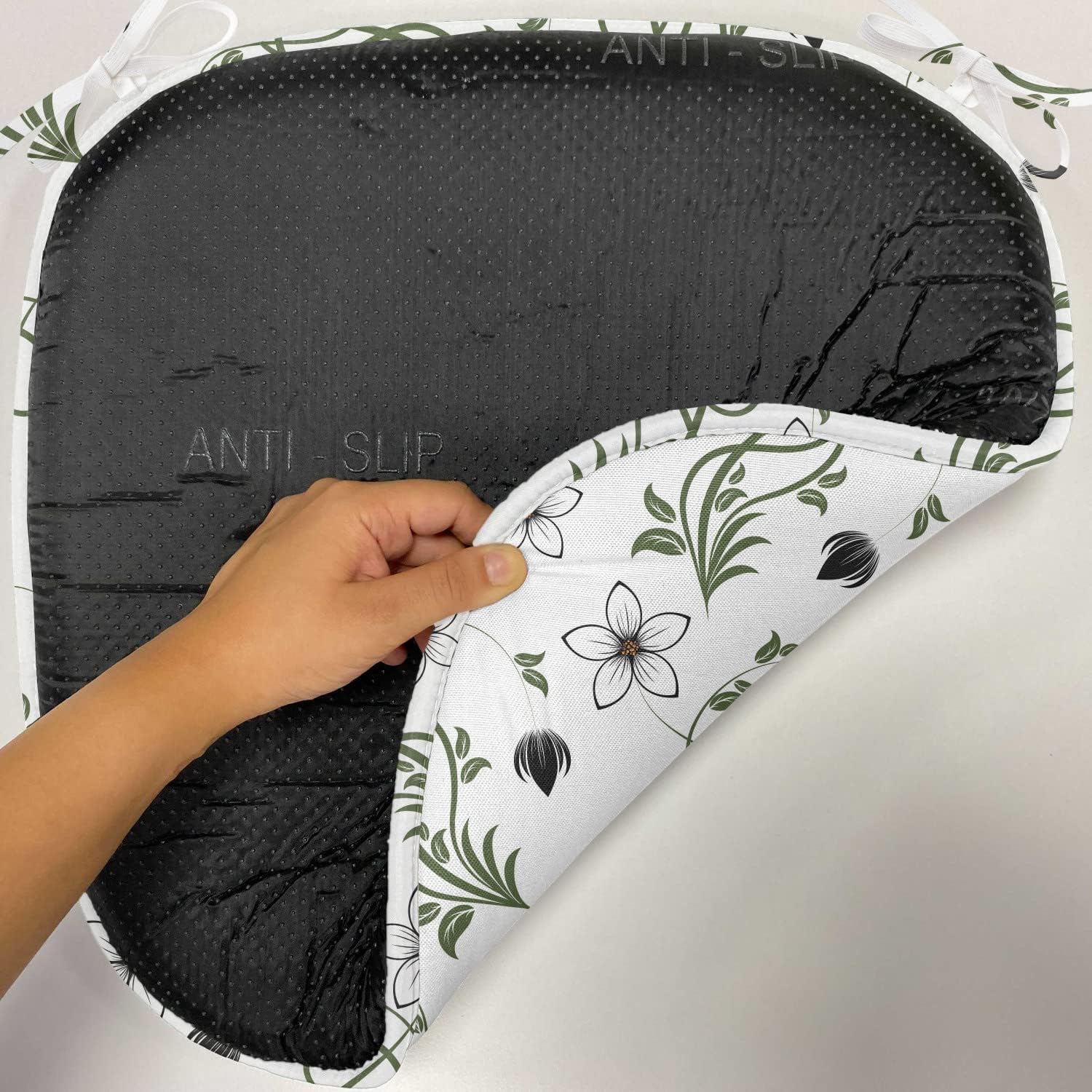 Lunarable Flower Chair Seating Cushion Set of 2, Flower Buds Blooms Branches Leaves Swirl Springtime Flourish Curl Doodle Style, Anti-Slip Seat Padding for Kitchen & Patio, 16"x16", Black White