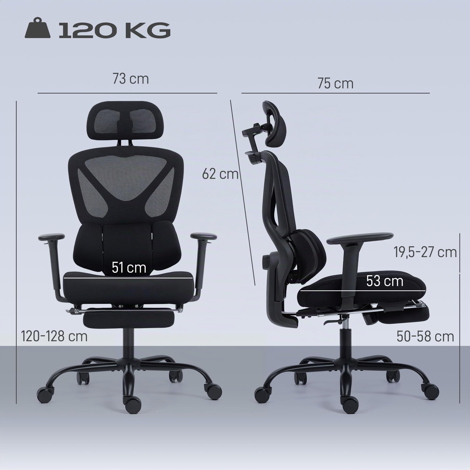 HOMCOM Bürostuhl mit 3D Einstellbarer Armlehne Lendenstütze, Schwarz | Ergonomischer Schreibtischstuhl, Kopfstütze, Höhenverstellbarer Computerstuhl, Drehstuhl mit Wippfunktion, Netz
