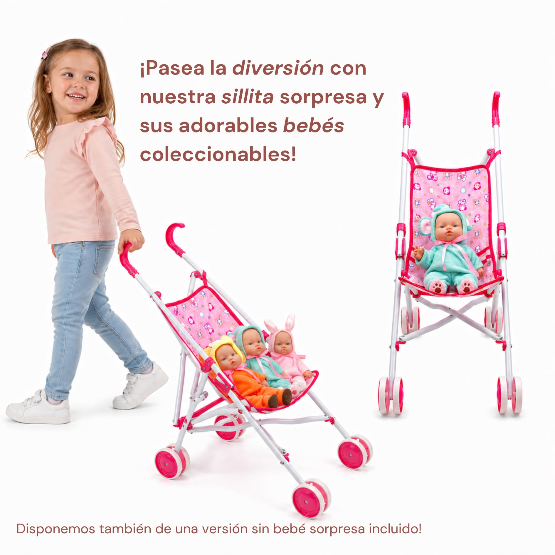 Sillita de Paseo para Muñecas - AMATOYS - Carrito Juguete Plegable - Pack 2 en 1 con Bebé Muñeco - Juego de Imitación y Paseo para Niñas y Niños (Carrito Pink_Bebe Color)