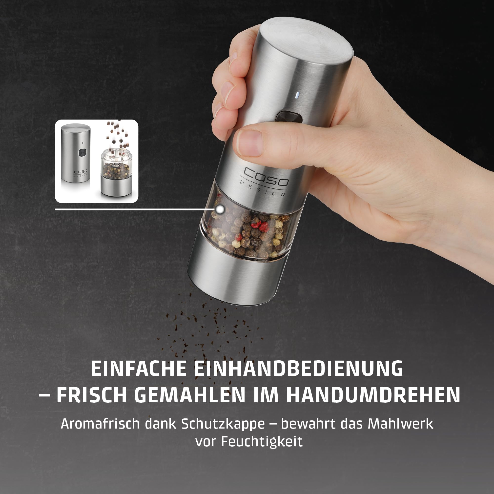 CASO SpiceDuo Elektrische Salz- & Pfeffermühle Set – Edelstahl Gewürzmühlen mit Keramikmahlwerk, stufenlos einstellbar, LED-Licht, USB-C aufladbar, Einhandbedienung & Holzhalterung