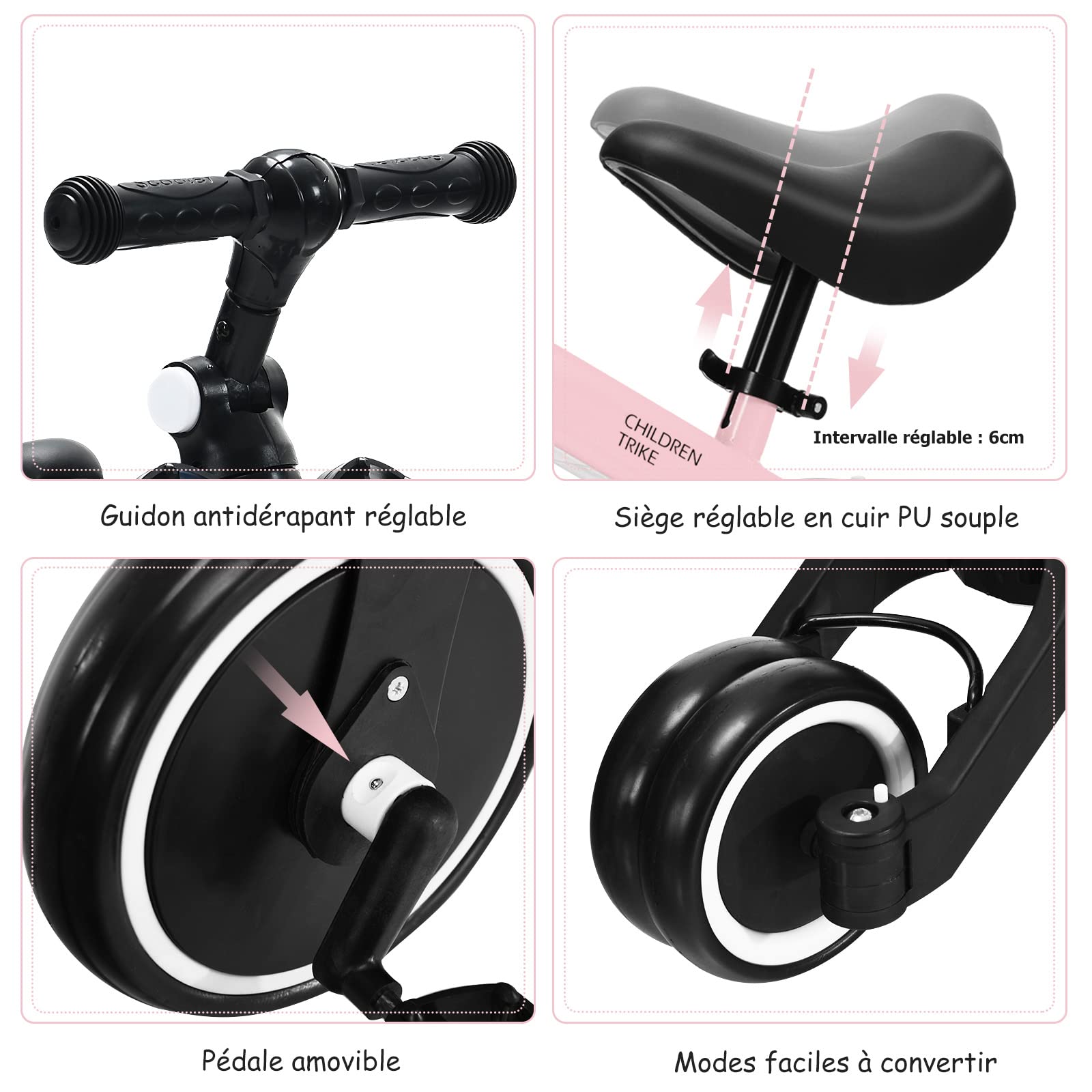 COSTWAY Vélo D'équilibre 3-en-1 évolutif – Tricycle à Pédales, Draisienne, Siège Réglable, Roues EVA – 1-4 Ans (Rose)
