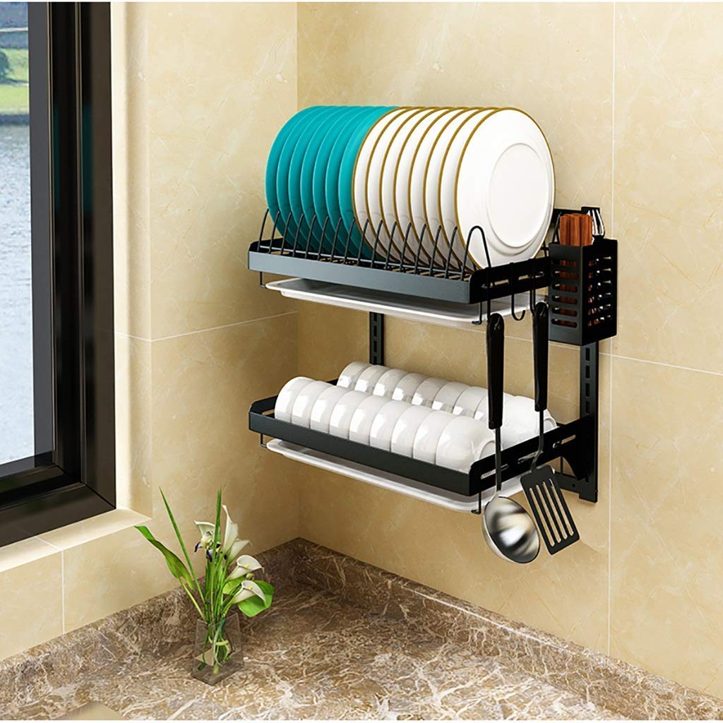Escurridor de Platos de Acero Inoxidable 201 Negro para Cocina, Montaje en Pared, escurridor de vajilla, Organizador de 2/3 Niveles.