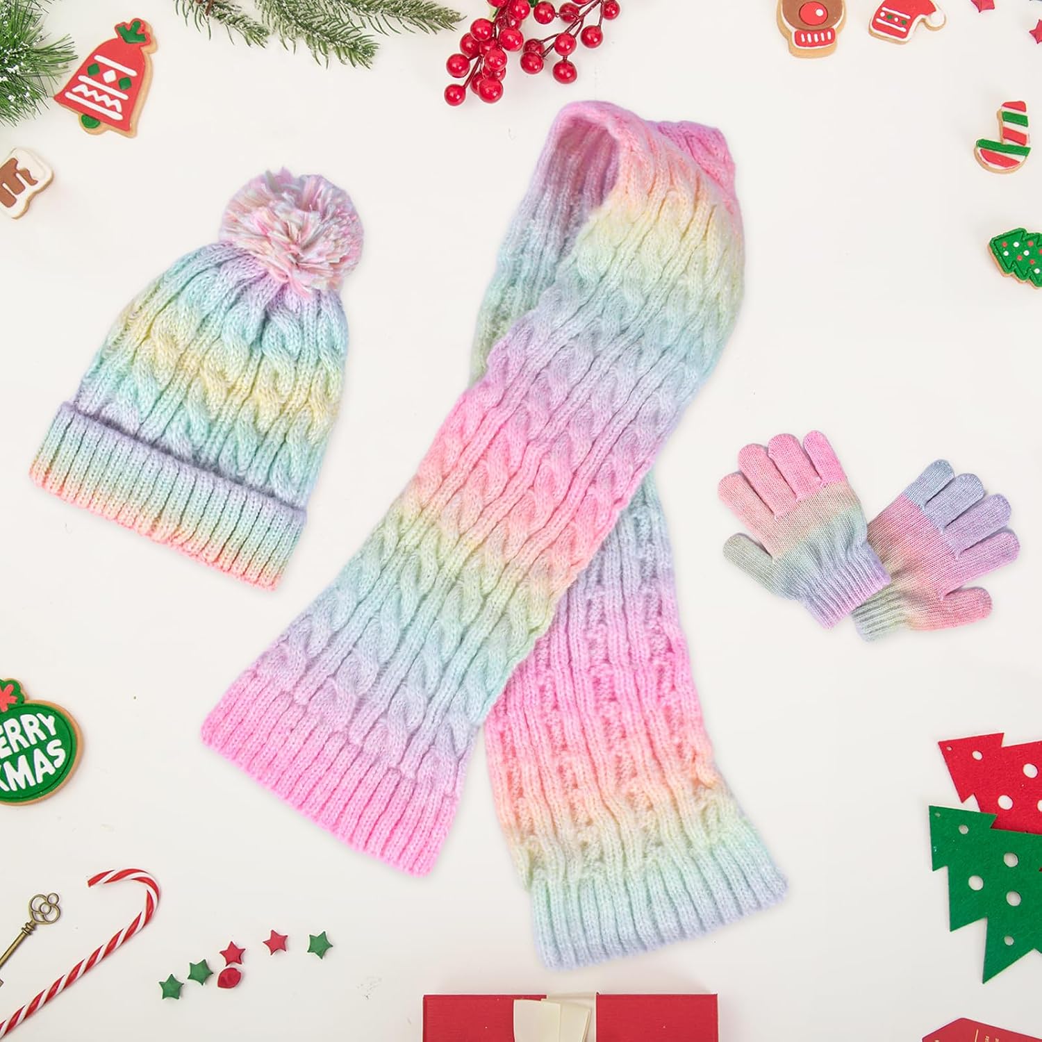Kunyeah Toddler Beanie Hat Scarf Gloves Set Kids Knitted Mitten Fleece Lined Cap Neck Warmer for Boy Girl 3-10 Years
