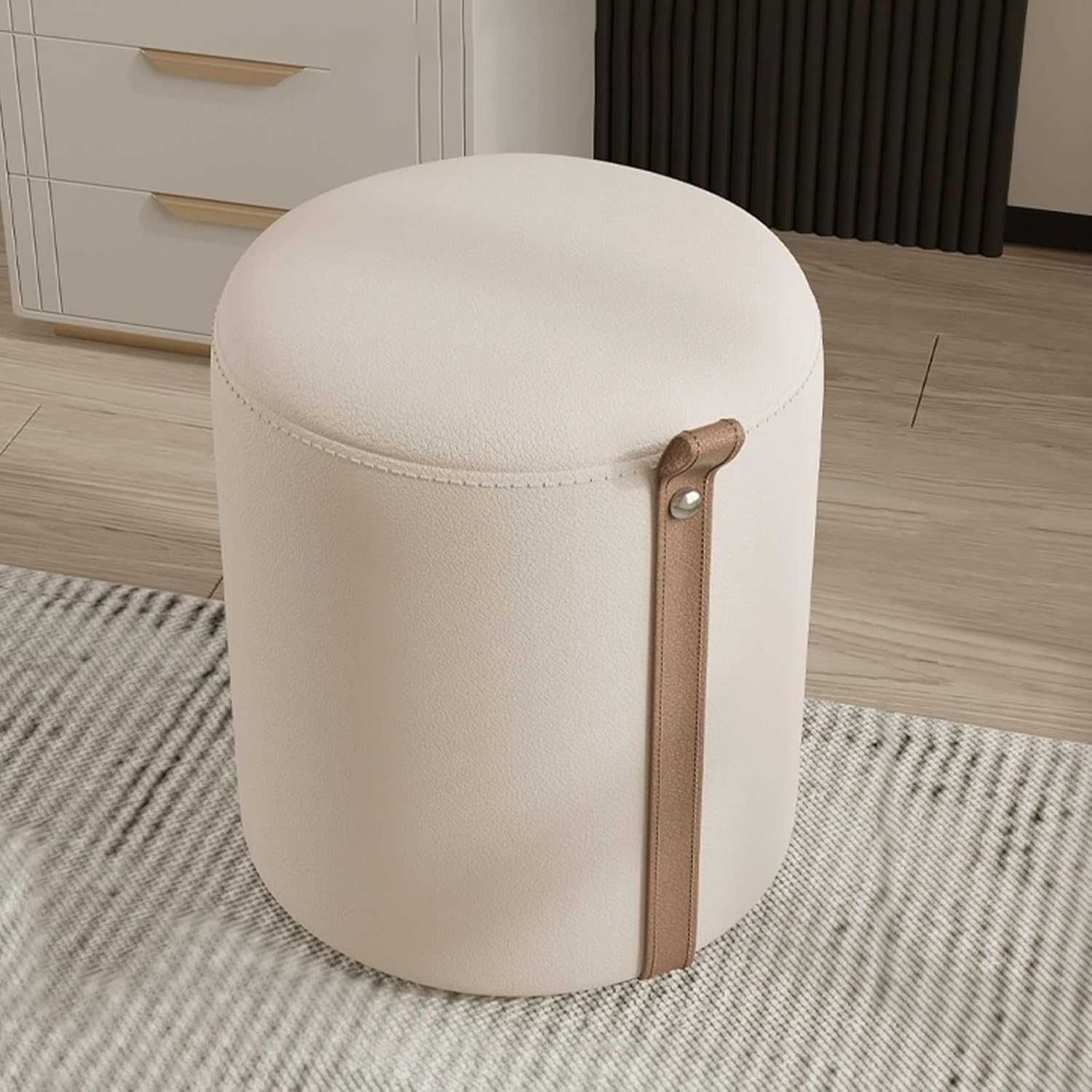 Round Leather Ottoman, Small Ottomans, Rotating Makeup Stool, Soft Cushion Low Stool, Modern Footstool for Bedroom, Living Room, Dormitory, Small Space(A Rotating Style)