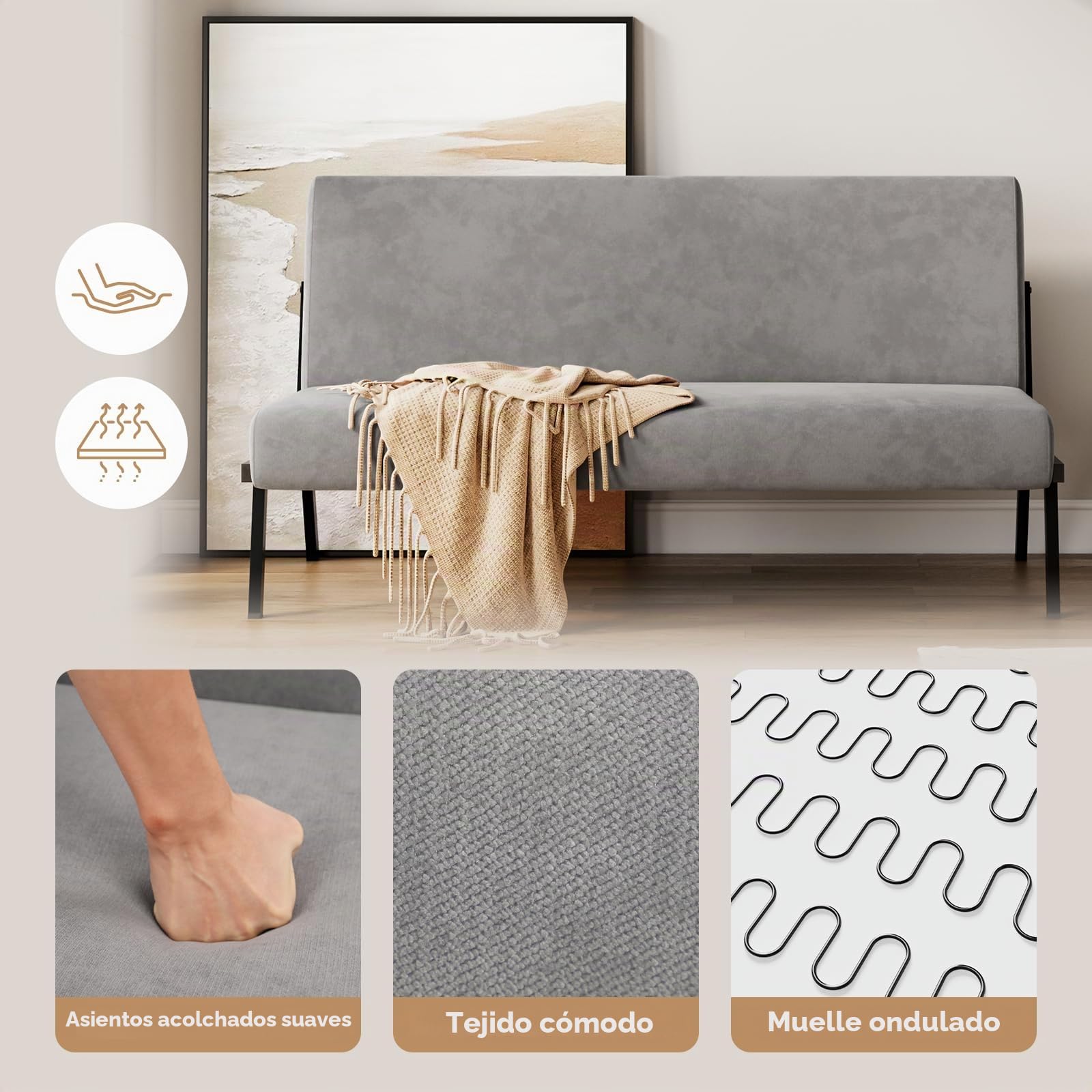 Dripex Sofá de 2 plazas, sofá de Tela Moderno con Marco de Metal, sofá de salón con Respaldo, sofá Doble para salón o Dormitorio, soporta 150 kg, 112 x 75 x 68 cm, Gris