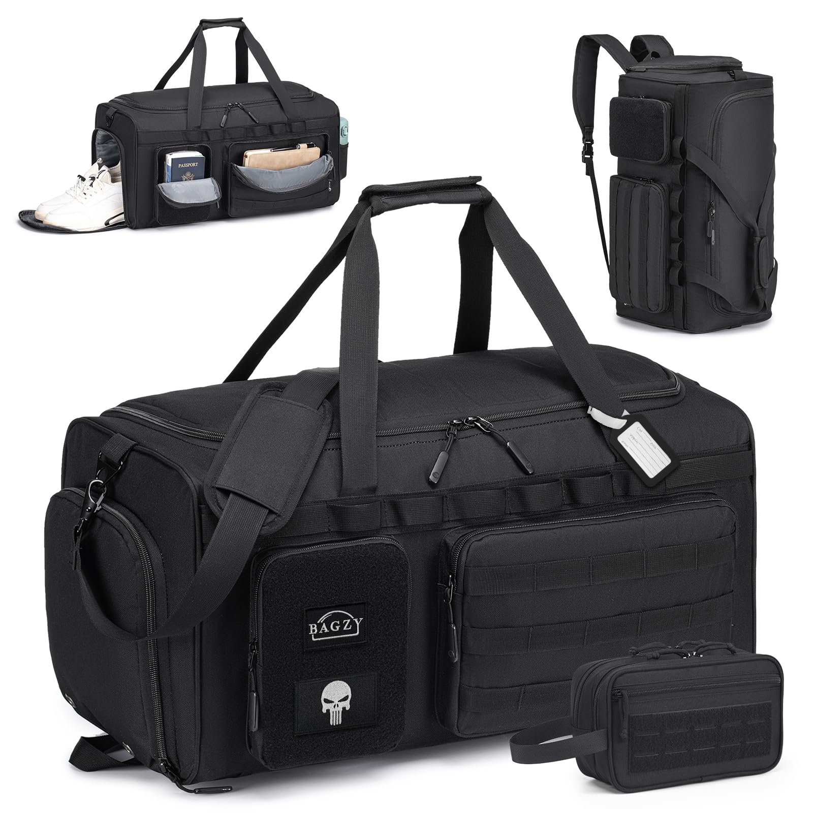 BAGZY Sac de Sport Homme 55L Sac de Voyage Tactique Militaire Sacs Equitation Imperméables avec Compartiment à Chaussures pour Sport Fitness Voyage Weekender Camping avec Trousse de Toilette Noir