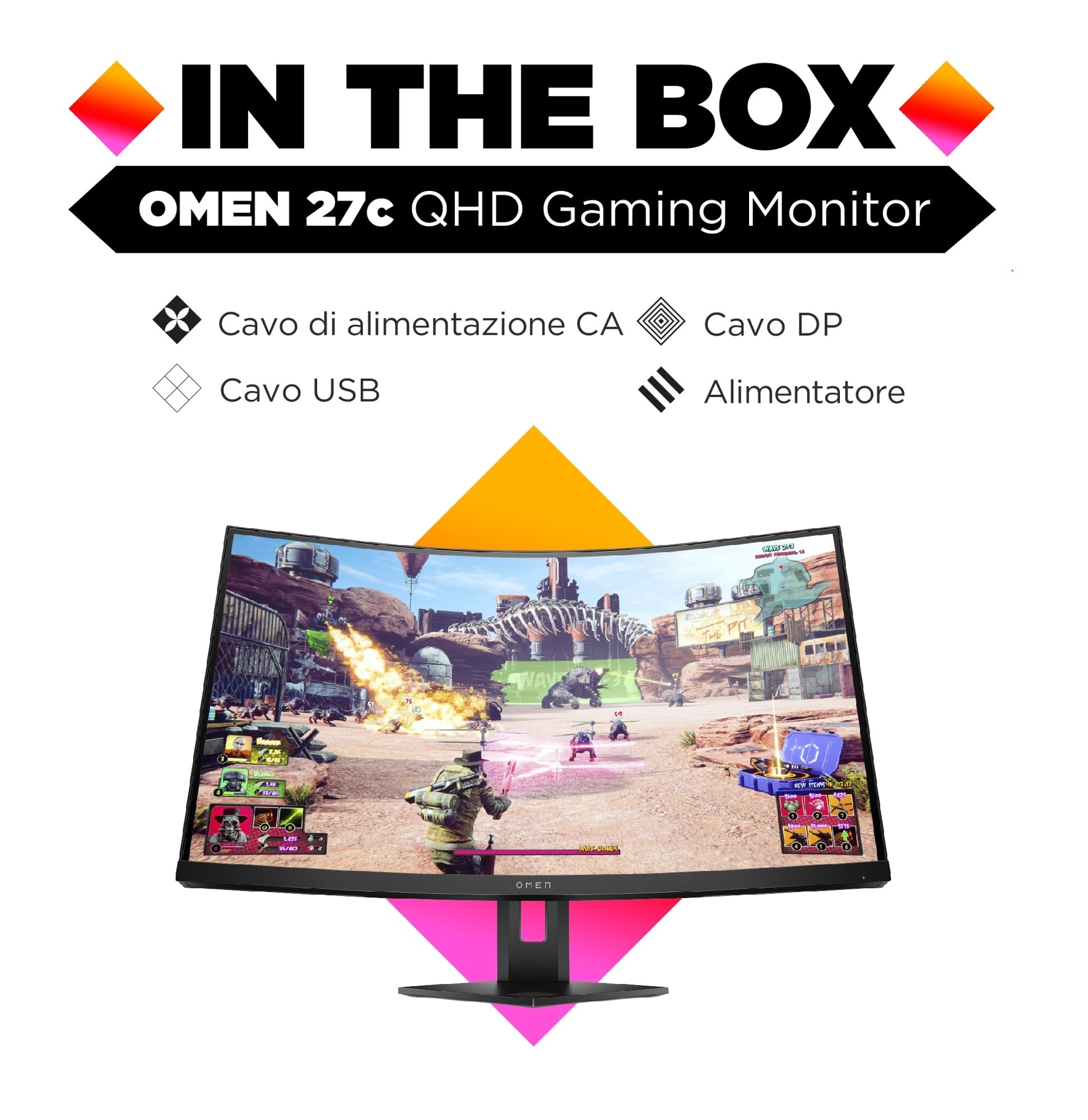 HP OMEN 27c Monitor Curvo da 27 pollici, Pannello VA 16:9 2K QHD 240Hz, 1 ms, DisplayHDR 400, Antiriflesso, 400 nits, AMD FreeSync, VESA, USB-A, Nero