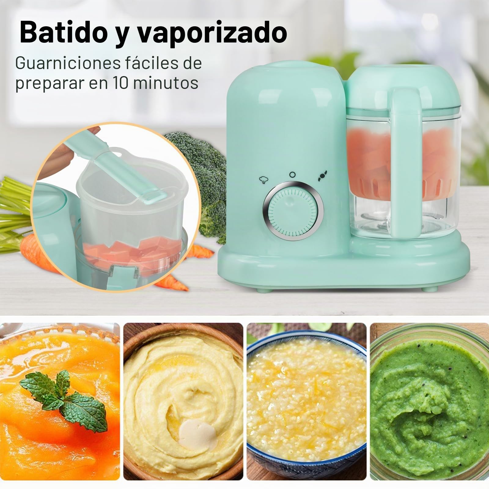 Robot Multifunción 4 en 1 para Bebé: Vaporizador, Batidora, Diversificador de Alimentos, Cocedor al Vapor, Descongelación y Recalentamiento - Cocción Suave y Rápida (Verde)
