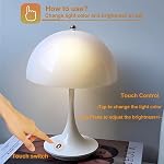 Cordless Mini Mushroom Table Lamp, Rechargeable Touch Portable Bedside Nightstand Light 3 Mode Dimmable Desk Lamp for Bedroom, Kitchen, Bathroom, Office(White