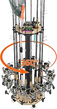 KEXMO Mobile Fishing Rod Holder Pole Rack for Garage, 360 Degree Lockable Wheels, Rigging Station, Heavy-Duty Steel Space-Saving Floor Stand, Holds 16 Combos, Fishing Gear Storage, Natural Wood Grain