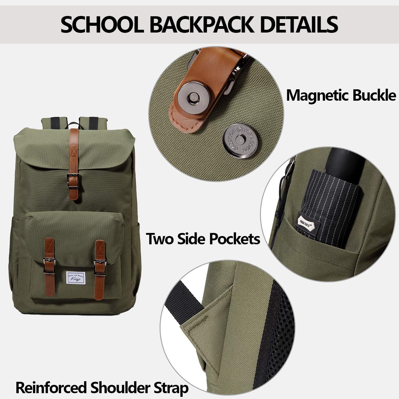 Kasqo Backpack for Men and Women, 15.6 Inch Laptop Backpack Large Capacity 19L Water Resistant Drawstring Flap Bag, Green - Image 6