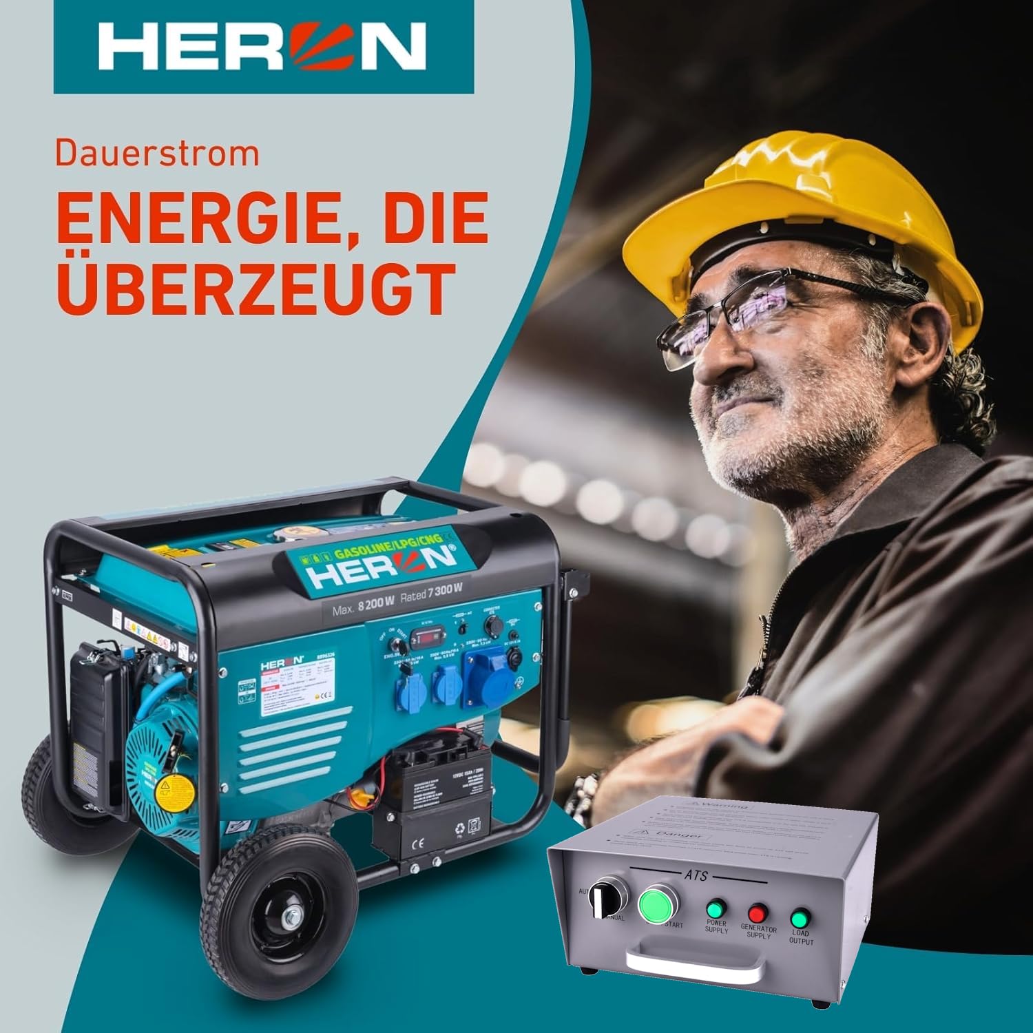 Heron Hybrid Benzin- & Gasgenerator (LPG/NG) und Notstromaggregat, 8,2 kW, mit 25L Tank, Elektrostarter, zwei 16A 230V & einer 32A 230V-Steckdose, mit AVR & ATS-Umschaltbox