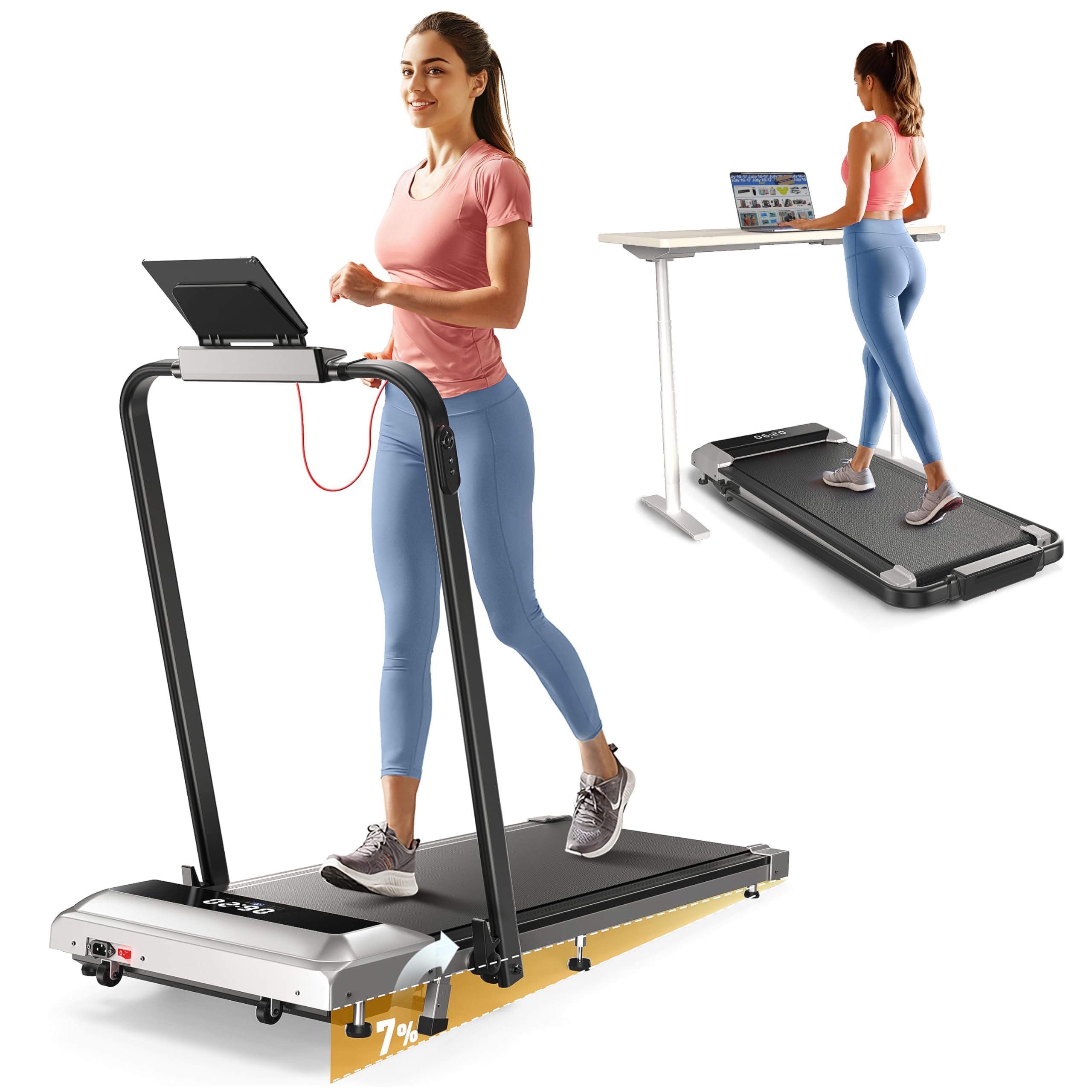 Walking Pad Under Desk Treadmill with Incline, 2 in 1 Folding Treadmill for Home/Office, Portable Compact Treadmills with Remote Control, APP & LED Display 300LBS Capacity