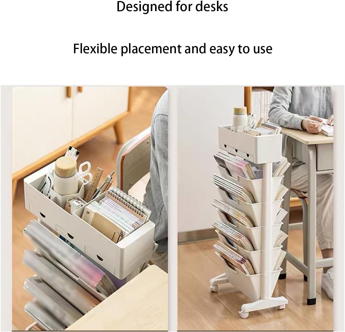 Mobile Bookshelf with Wheels and Drawers, White Book Cart, Library Book Cart, Suitable for Offices and Bedrooms