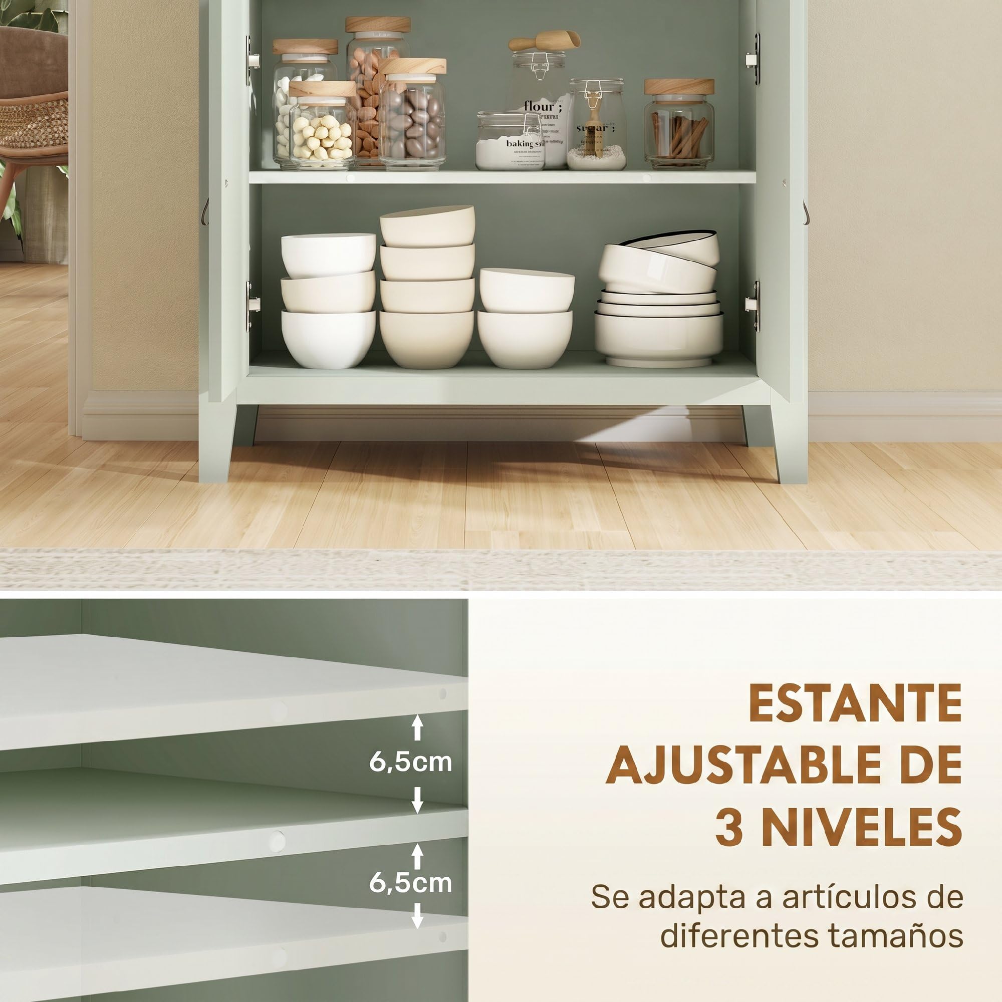 HOMCOM Aparador de 2 Puertas Aparador de Salón Moderno con Cajón Estante Ajustable y Tiradores de PU Mueble Auxiliar para Comedor Pasillo 80x40x90 cm Verde Claro
