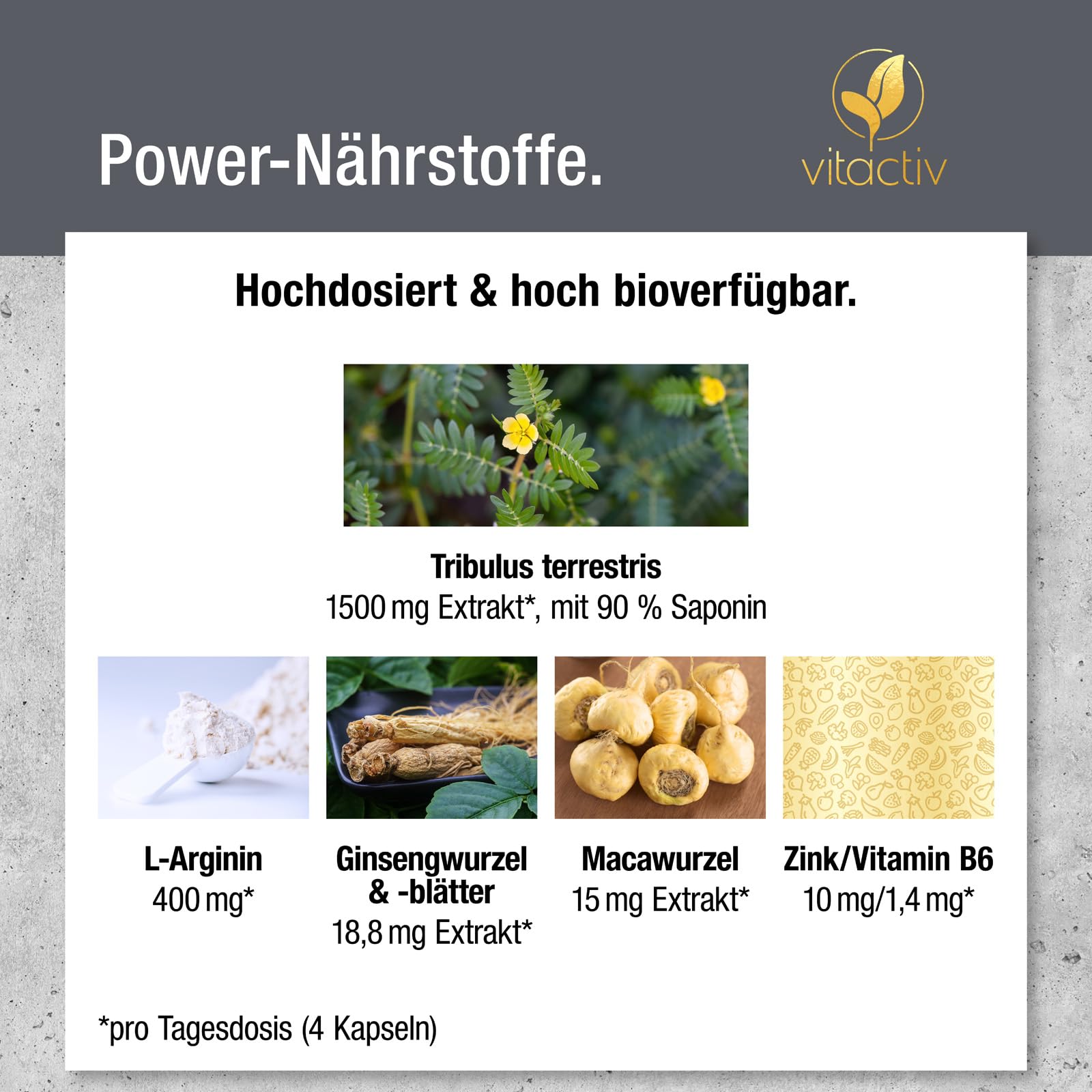 VITACTIV Tribulus Terrestris 1500 mg - 240 Kapseln Vegan - Tribulus Extrakt Hochdosiert, 90% Saponin – Mit Zink, plus L-Arginin, Maca, Ginseng, Vitamin B6
