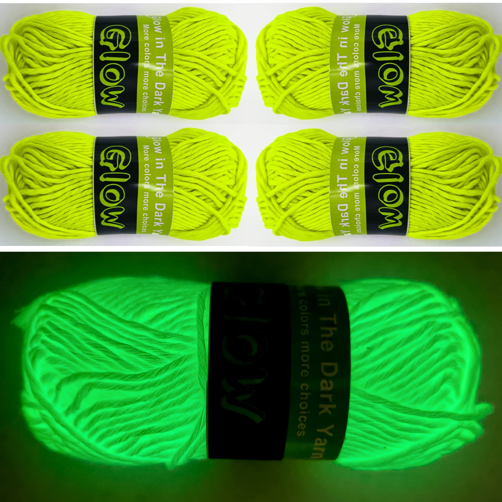 Caichuxiye Yellow 4 Pcs Glow In The Dark Yarn, Sewing Supplies,(55Yd) For Crocheting For Diy Arts, Crafts & Sewing Beginners Glow In The Dark Party (Lemon )