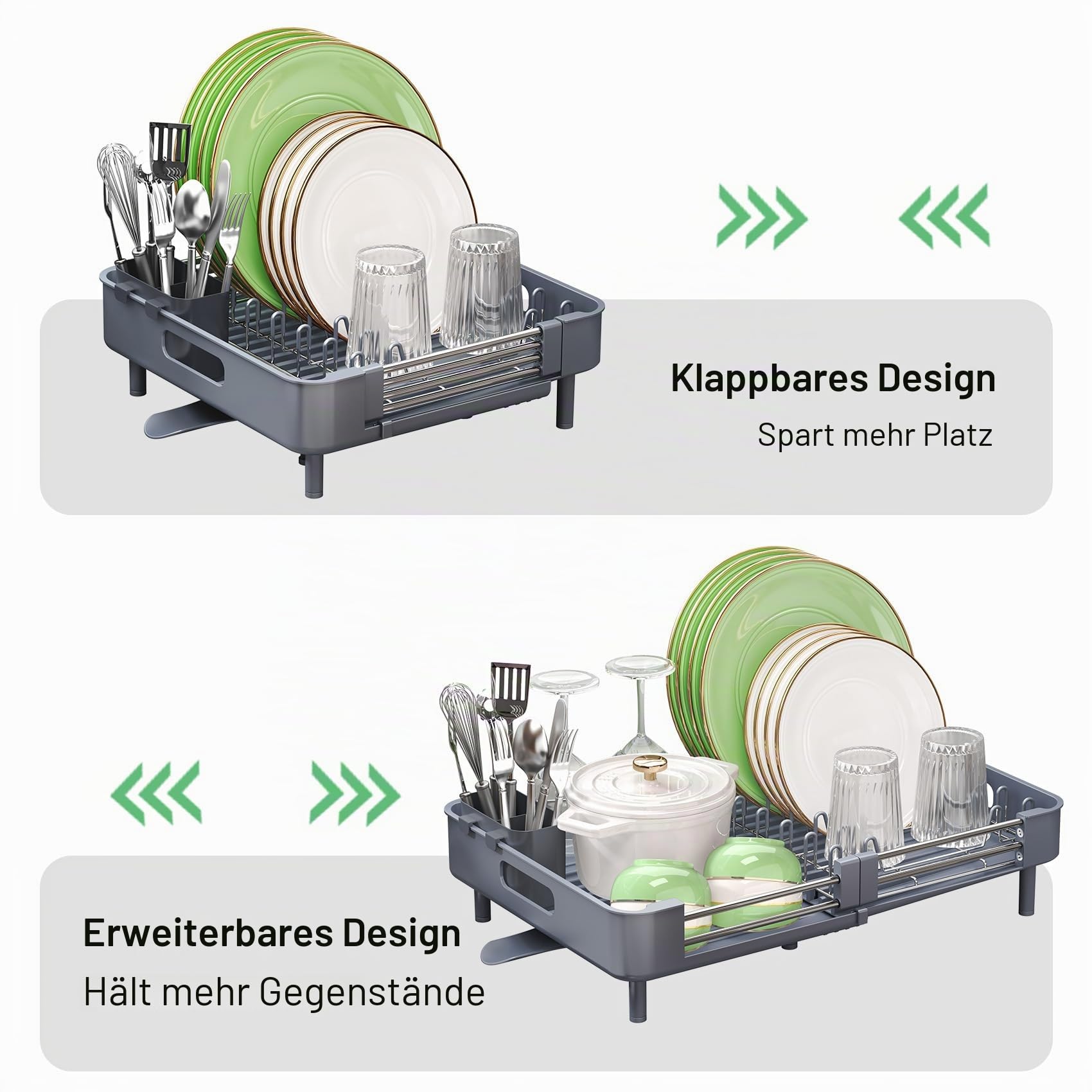 SAYZH Abtropfgestell, Erweiterbar (33,5 CM-50 cm) Geschirrabtropfgestell, Edelstahl Abtropfgestell Geschirr mit Utensilienhalter Becherhalter für Küchentheke Spüle Organizer(Grau)