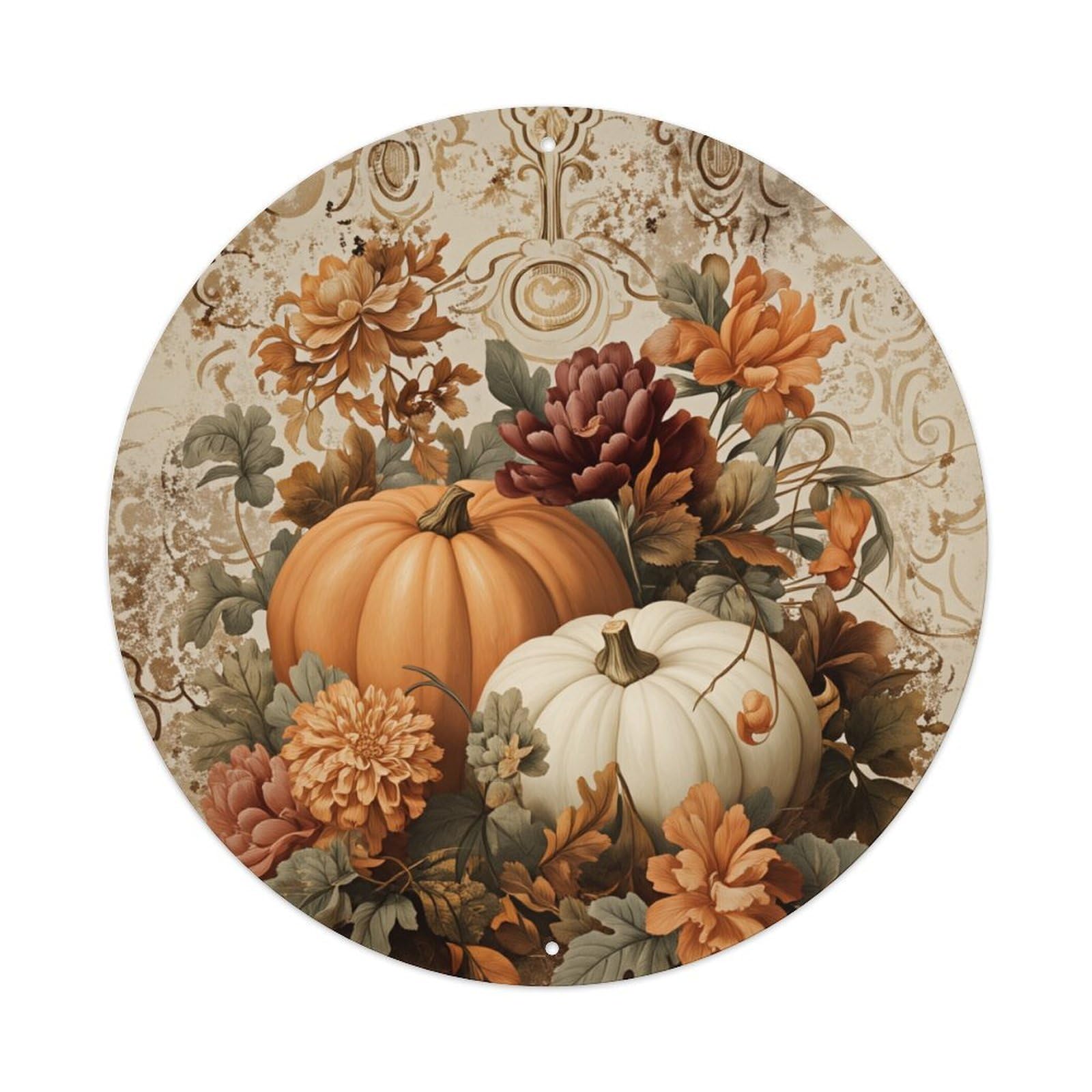 Autumn Harvest Pumpkin Floral Pattern Round Tin Sign Vintage Metal Poster, Home Bar Garage Man Cave Cafe Indoor & Outdoor Wall Decoration 8x8Inches