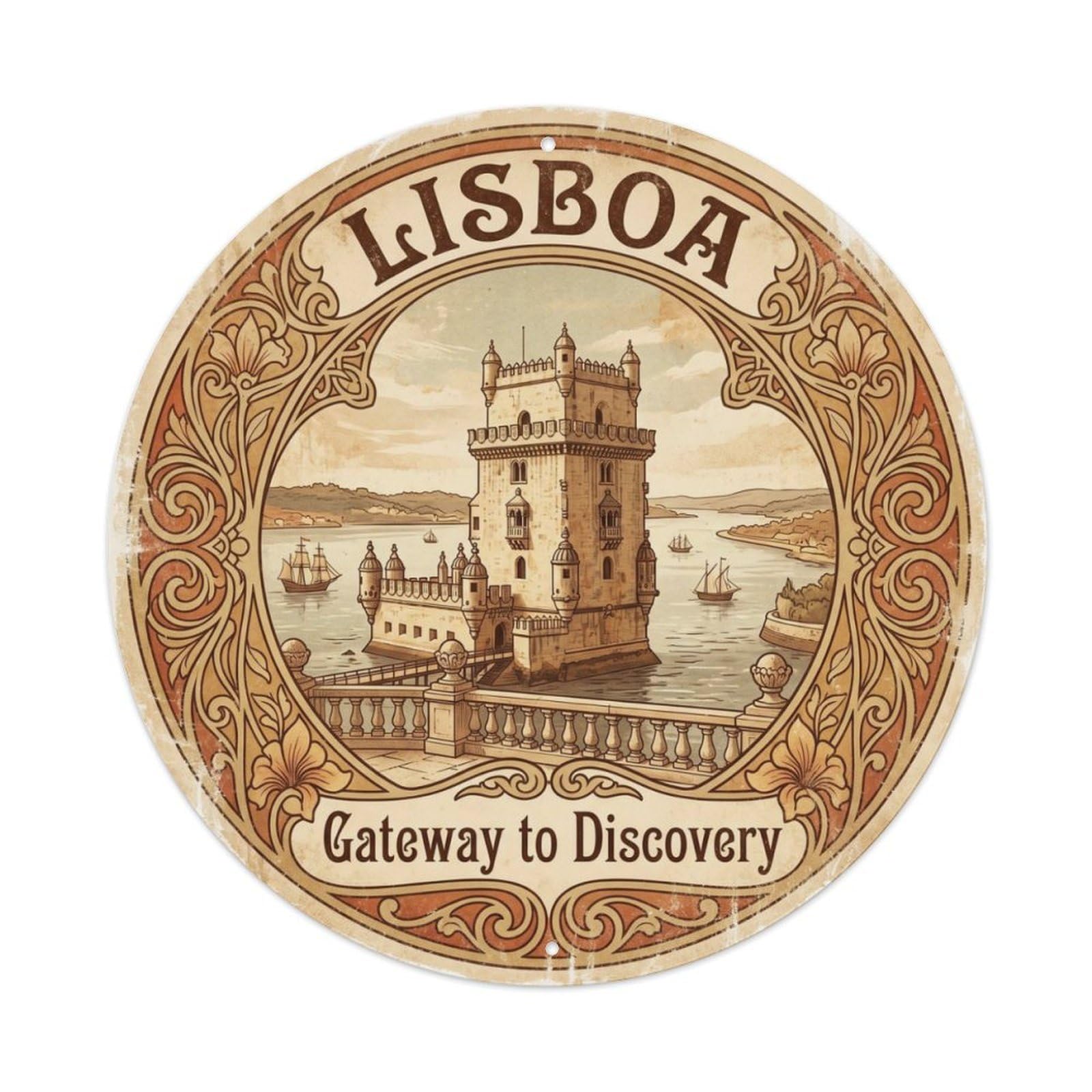Vintage Travel Belem Tower Portugal Metal Tin Sign Plaque Wall Decor for Cafe, Club, Garden Round Metal Poster 8x8Inch
