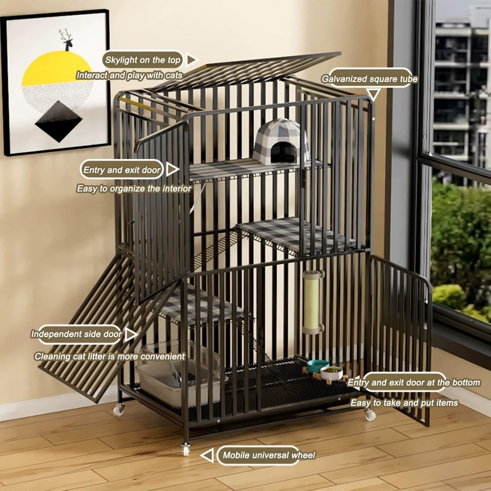 Gabbia per Gatti da Esterno con Piattaforme - Recinto Catio per 1-3 Gatti, Portatile con Ruote e Vassoio Rimovibile, Ideale per Giocare e Rilassarsi in Sicurezza (Nero)