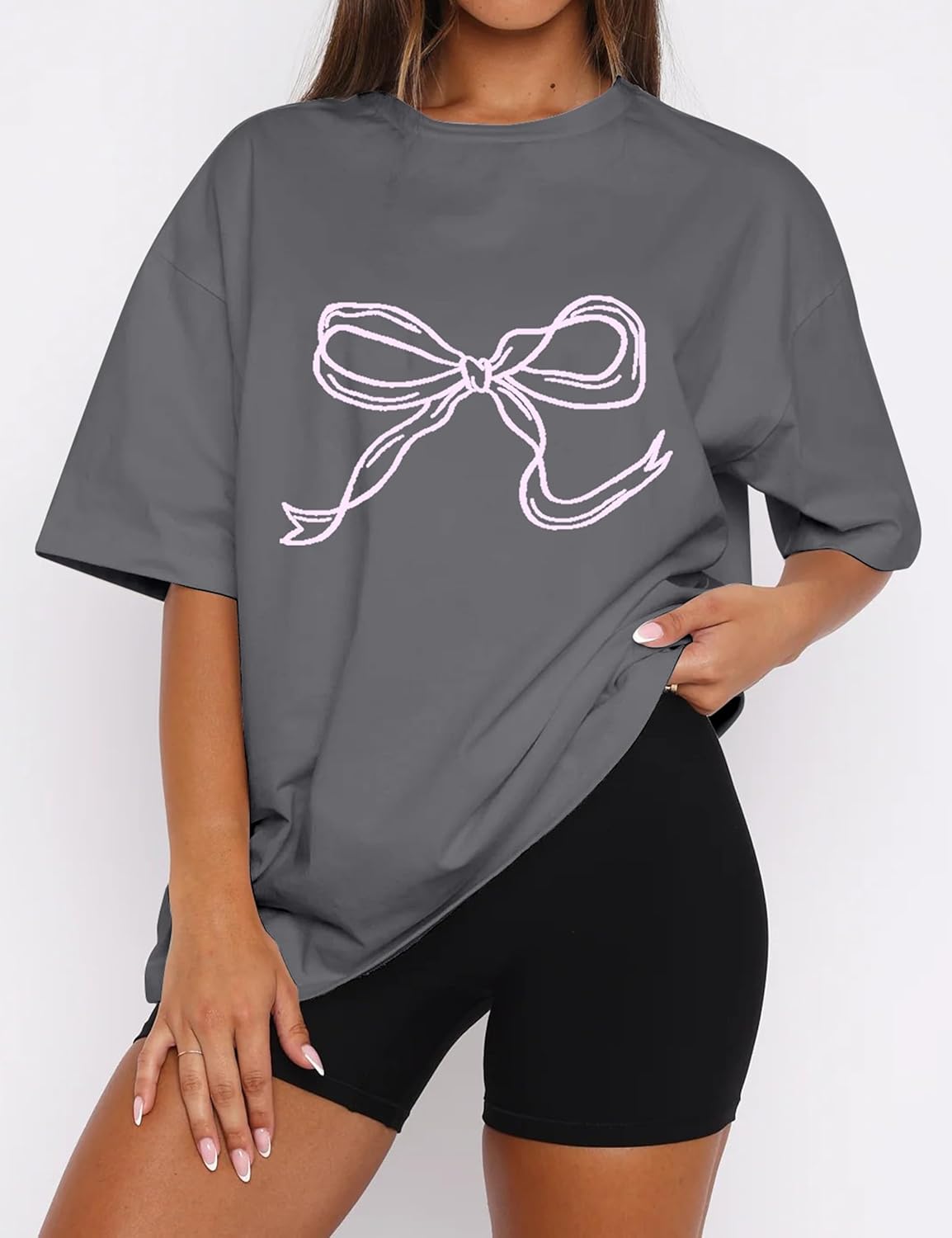 Women Oversized Bow T Shirts Short Sleeve Crewneck Graphic Tee Shirts Cute Bow Shirts Casual Basic Aesthetic Tee Tops - Image 2