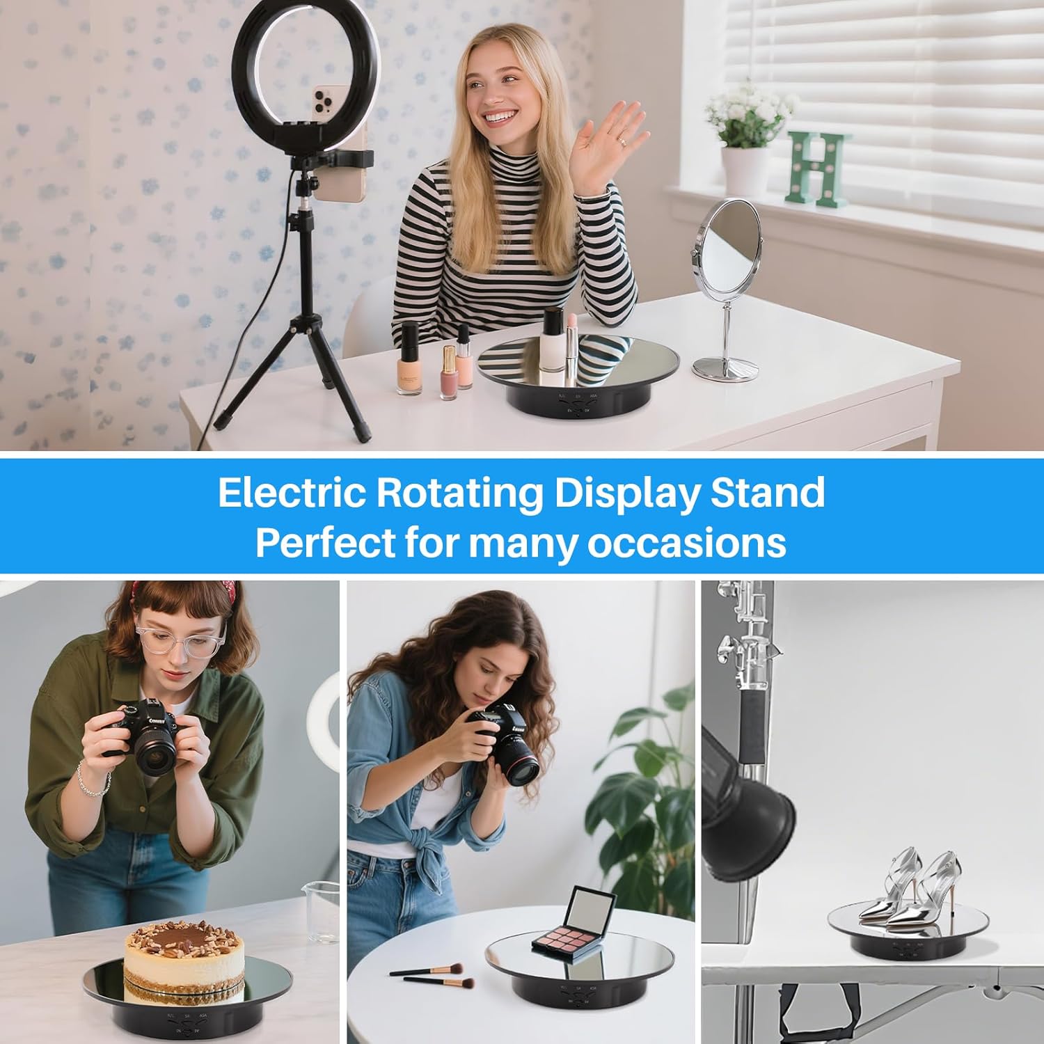 Rotating Display Stand Turntable Stand Black Spinning Stand for Product Shows with Telecontroller,7.87inch /17.6lbs Max Load,Black Round