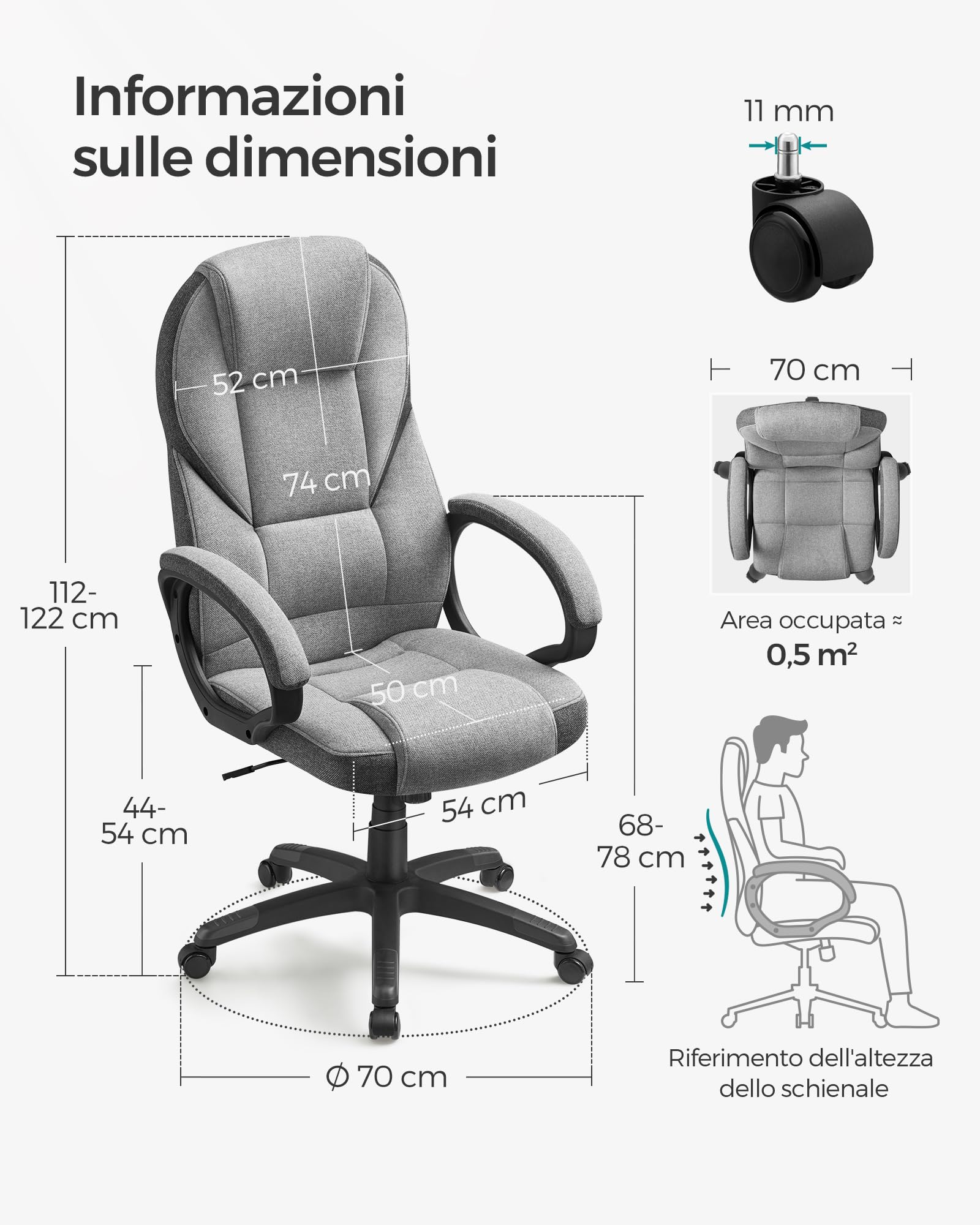 SONGMICS Ergonomica, Poltrona Direzionale, Sedia Girevole e Altezza Regolabile, da Scrivania in Studio e Ufficio, con Rotelle, Grigio Tortora OBG022G01, 7370(112-122) cm