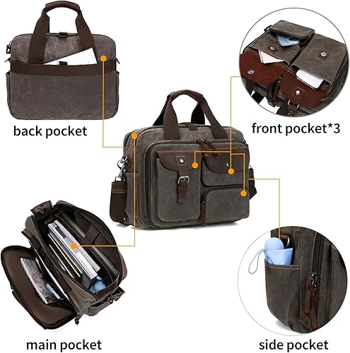 Miniatura 6 de Maletín para laptop de 17.3 pulgadas, bolsa de mensajero para hombres, lona encerada, oficina, bolsa de hombro para trabajo y negocios
