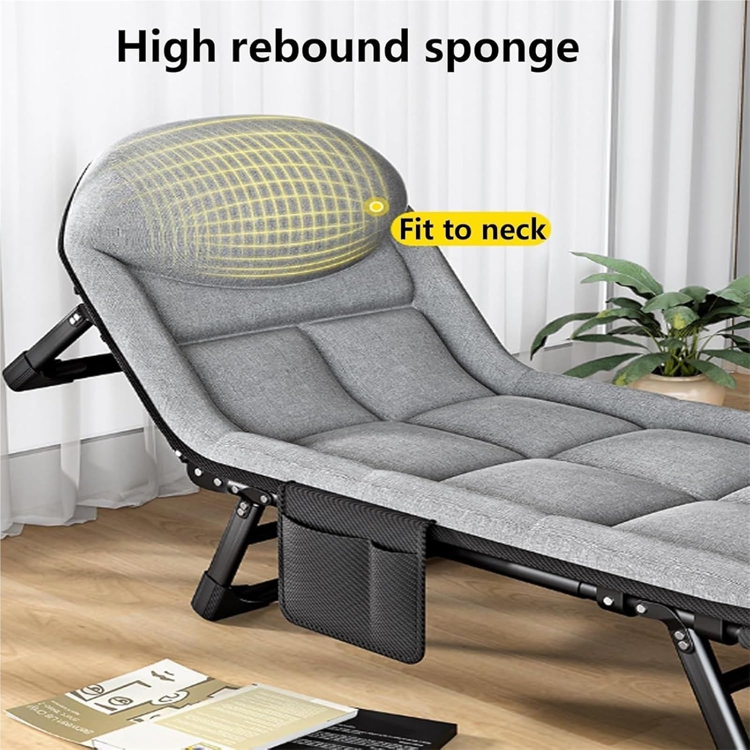 Cotton Linen Camping Cot, Space Saving Folding Bed for Adults, 6-Position Folding Chaise Lounge Chair for Indoor Outdoor