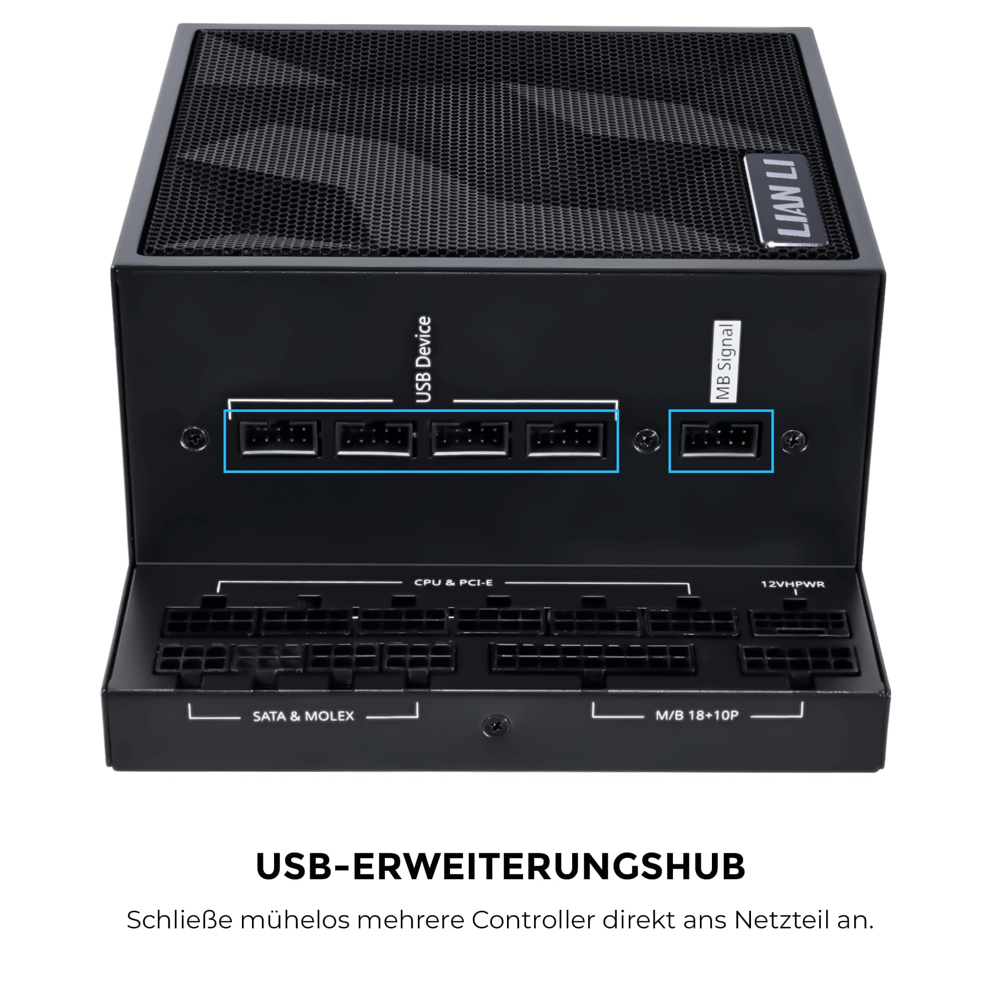 Lian Li Edge EG850 PC Netzteil, 850 Watt, PCIe 5.1, ATX 3.0 PSU | ATX 3.1, 80 Plus Platinum, modular, mit Sleeved Cable Kit, 12VHPWR für NVIDIA RTX, leiser Lüfter, integrierter USB Hub - Schwarz